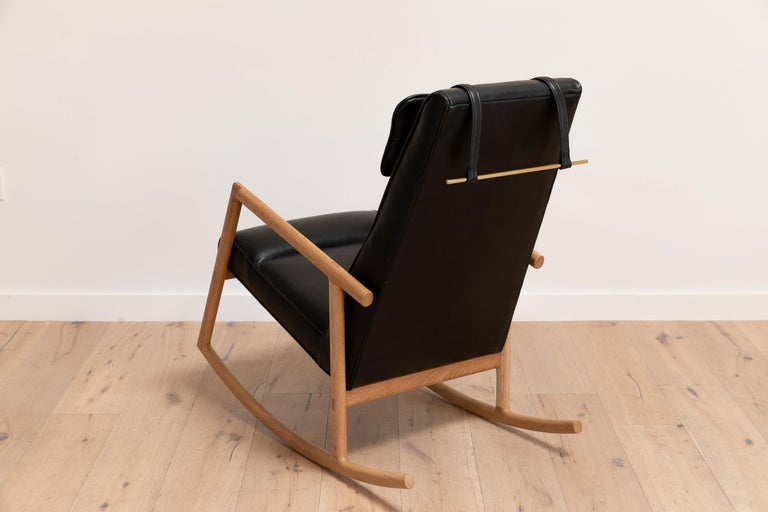 Earl White Oak, Black Leather Moresby Rocking Chair For Sale 2