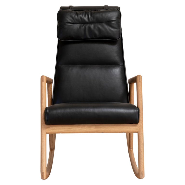 Earl White Oak, Black Leather Moresby Rocking Chair For Sale