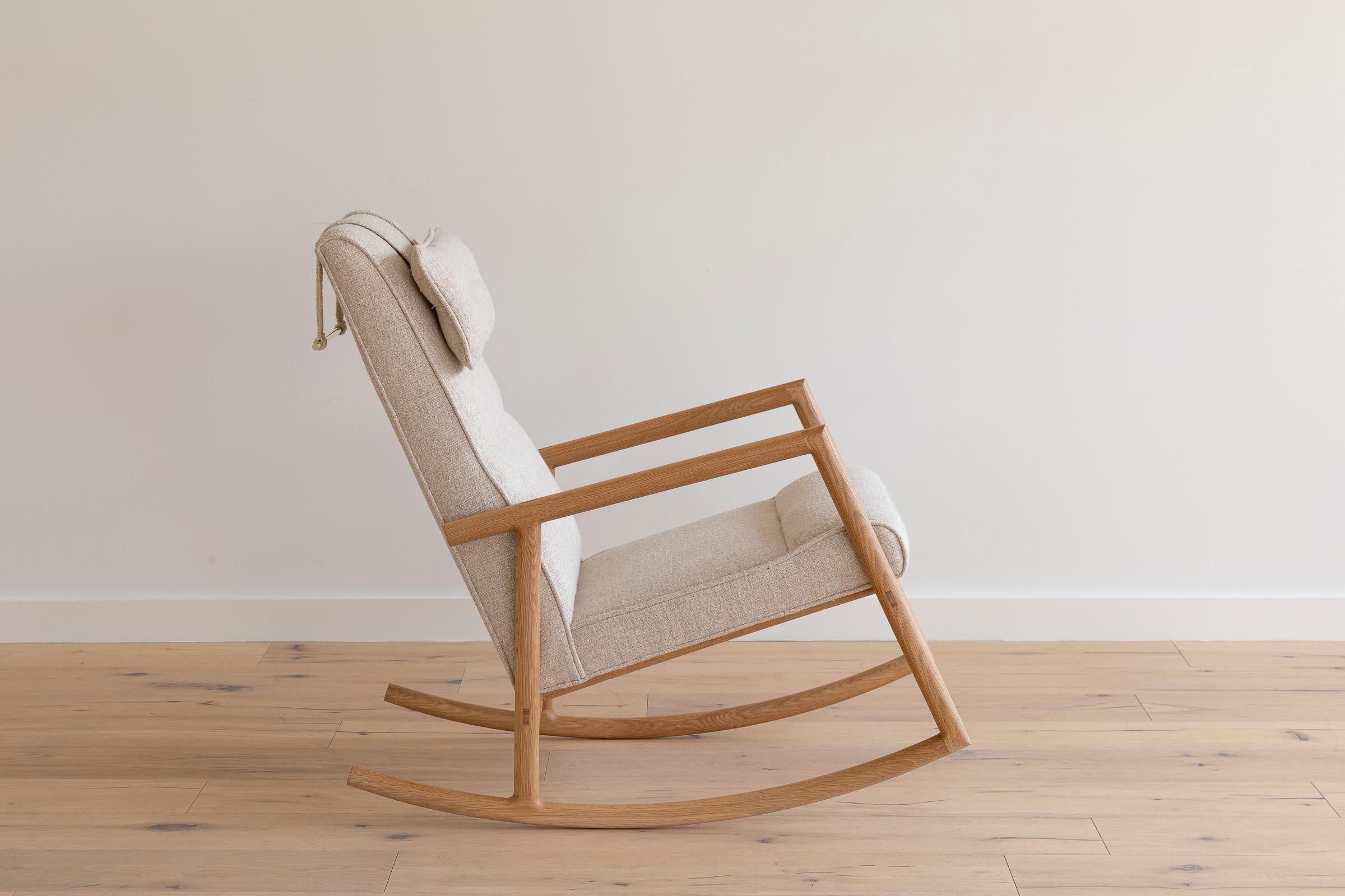 Mid-Century Modern Earl White Oak, Ivory Textured Linen Moresby Rocking Chair For Sale