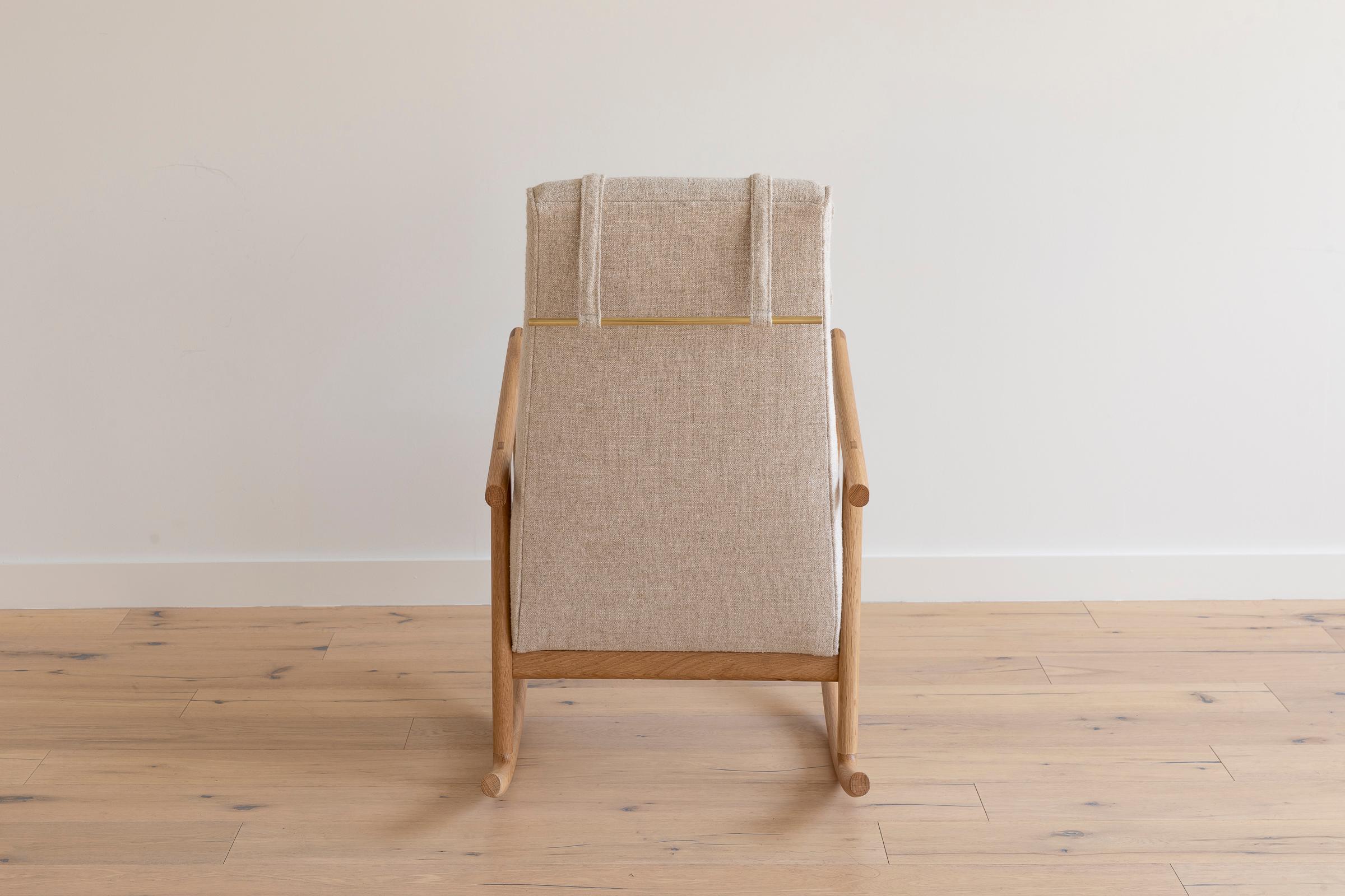 American Earl White Oak, Ivory Textured Linen Moresby Rocking Chair For Sale
