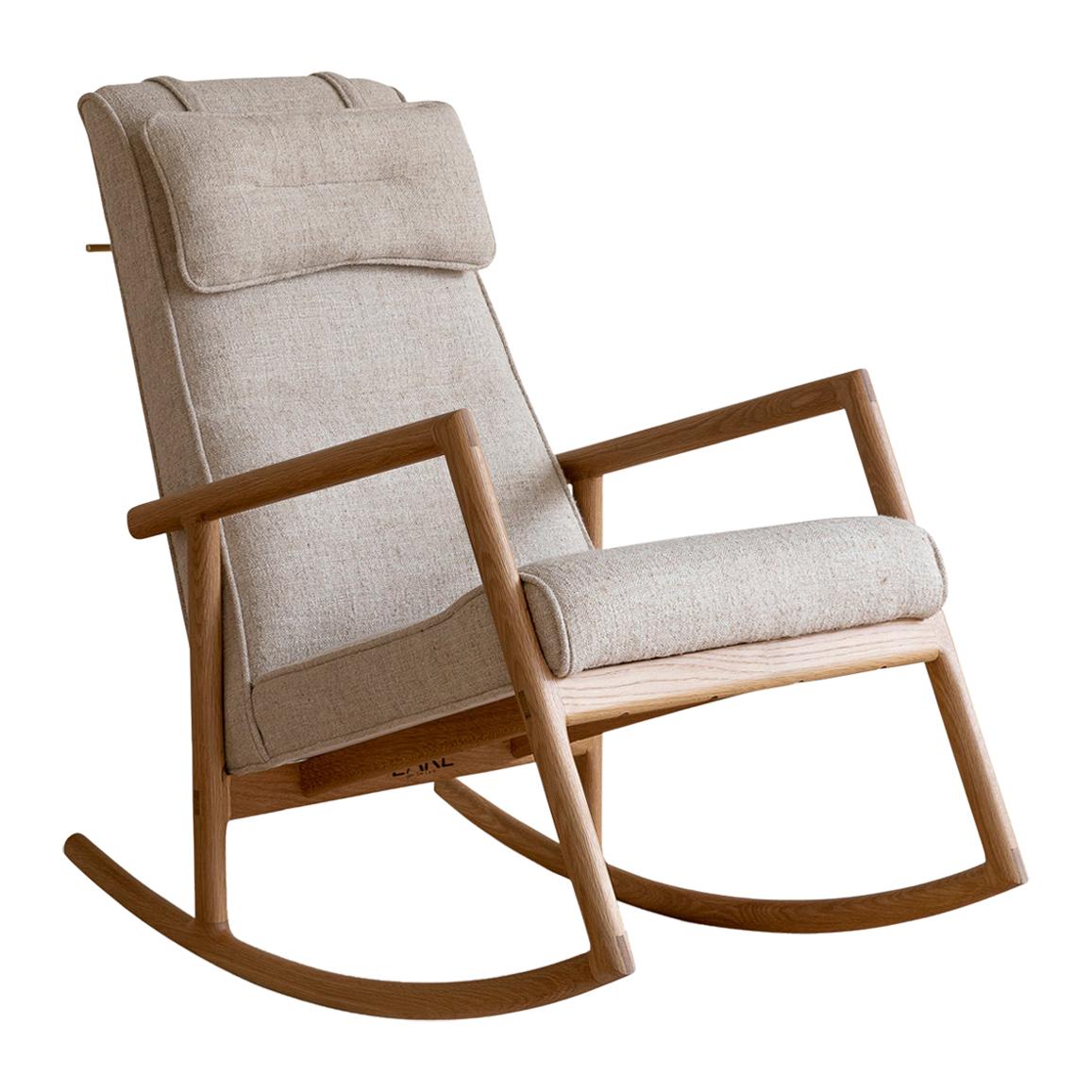 Earl White Oak, Ivory Textured Linen Moresby Rocking Chair For Sale