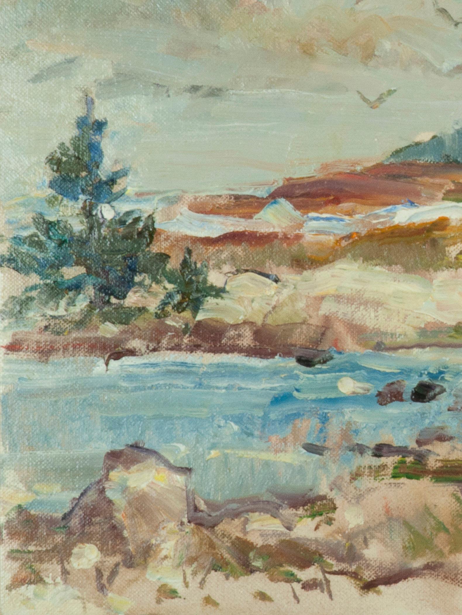 Marea entrante, Winter Harbor, Maine
Óleo sobre tabla de artista, 1971
Firmado abajo a la derecha
Firmado, titulado y fechado verso
Procedencia: Patrimonio del artista
Estado: Excelente
     Necesitas un marco
Tamaño imagen/tablero: 12 x 16