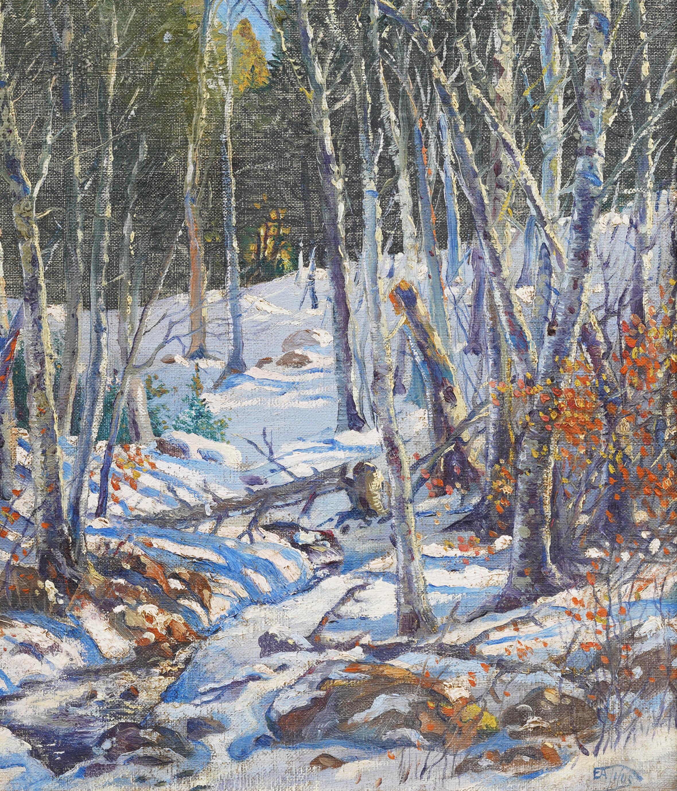 New England Winter Forest Snow Landscape Silver Frame Impressionist Oil Painting For Sale 2
