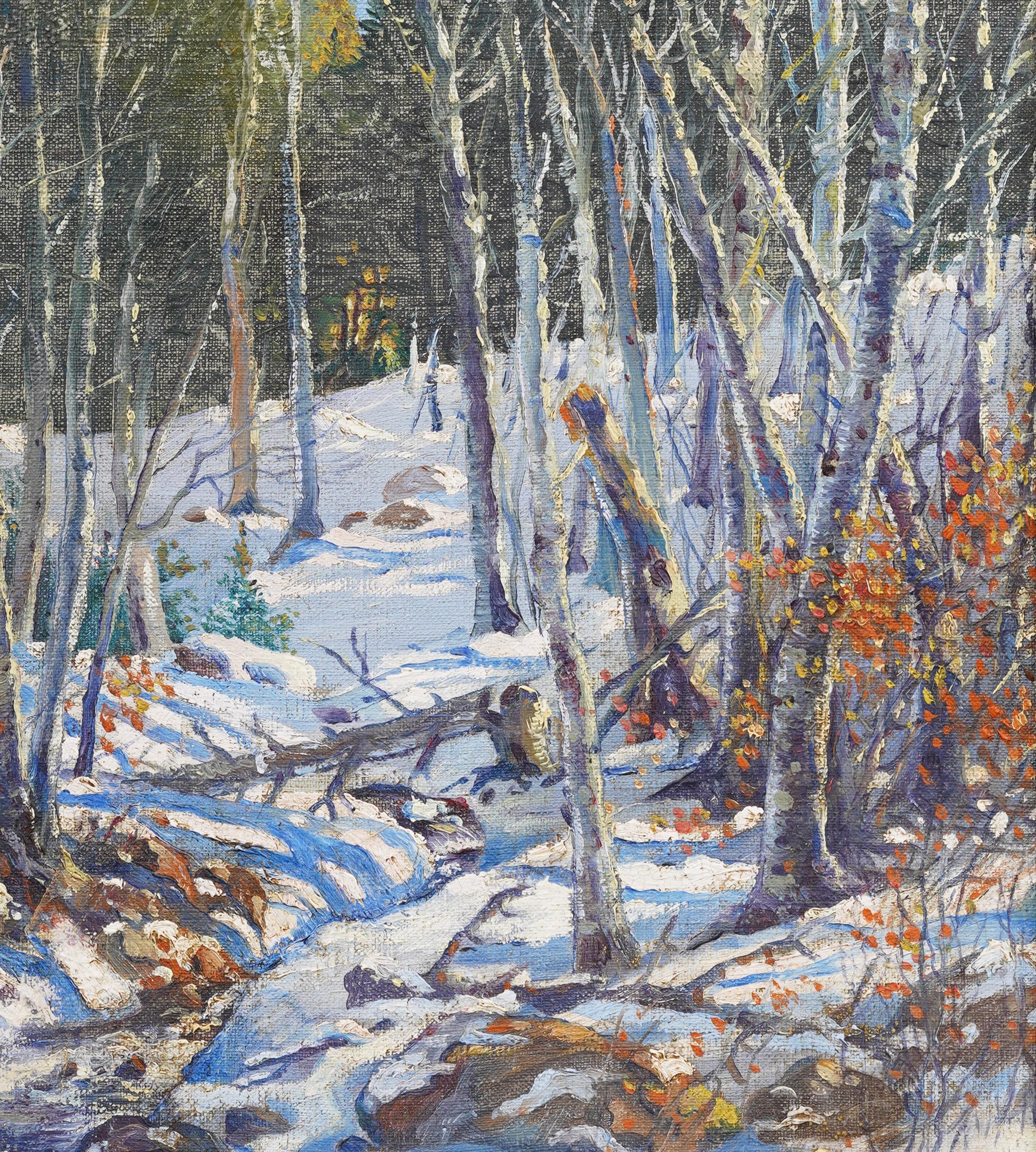 New England Winter Forest Snow Landscape Silver Frame Impressionist Oil Painting For Sale 3