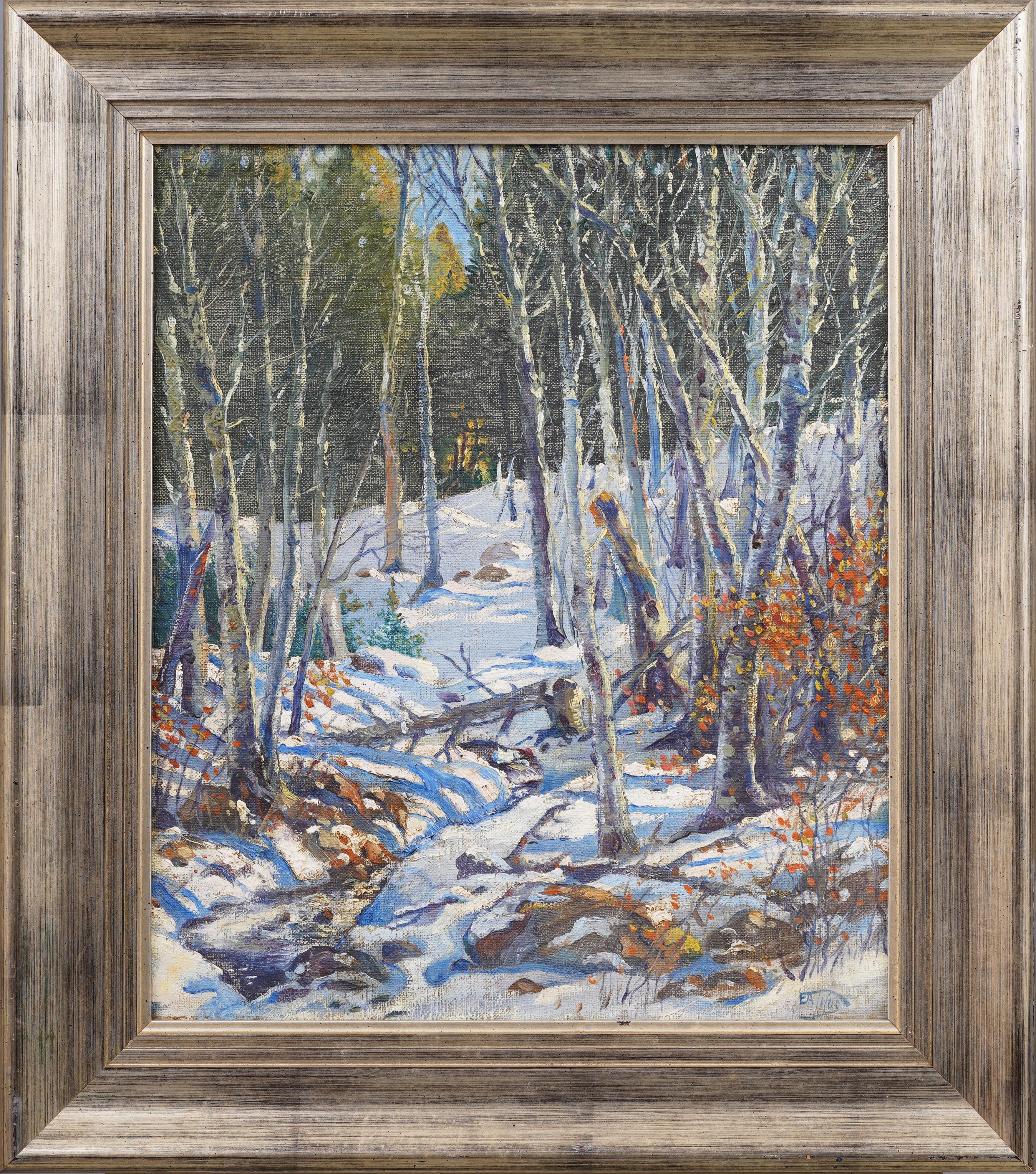 Earle A. Titus Landscape Painting - New England Winter Forest Snow Landscape Silver Frame Impressionist Oil Painting