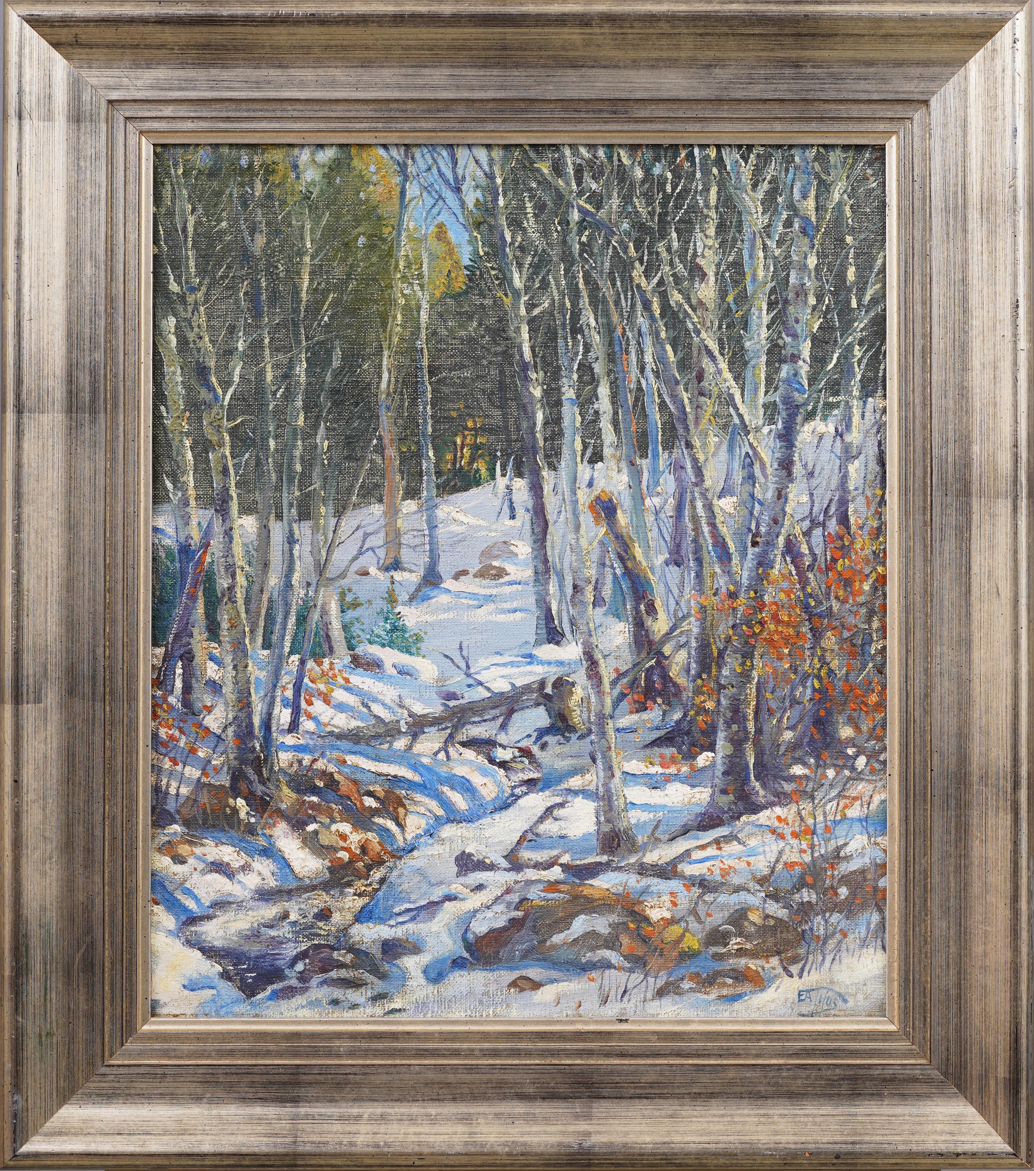 Landscape Painting de Earle A. Titus - Nueva Inglaterra Bosque invernal Paisaje nevado Pintura al óleo impresionista con marco de plata