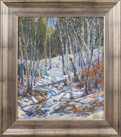 New England Winter Forest Snow Landscape Silver Frame Impressionist Oil Painting