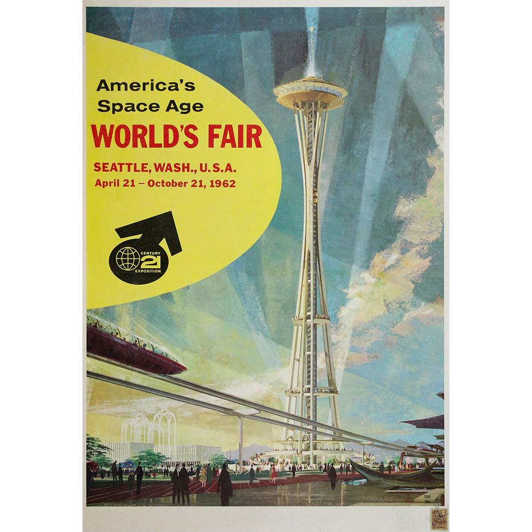 This striking original 1962 poster by Earle Duff was created for the Century 21 Exposition, more famously known as the Seattle World’s Fair. Held from April to October 1962, the fair was a landmark celebration of the future, science, and