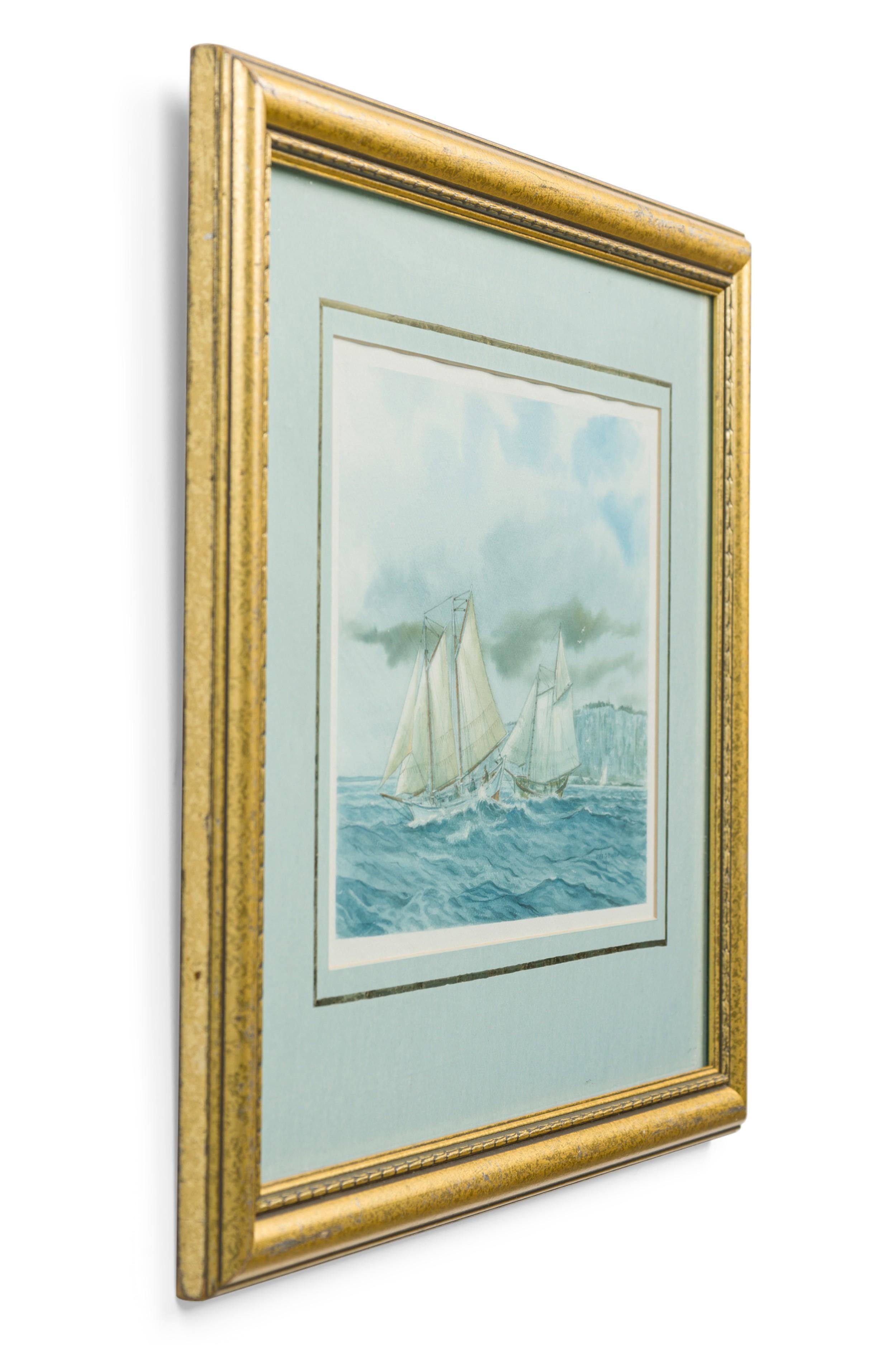 Aquarelle américaine du milieu du siècle, dans un cadre doré, représentant deux voiliers sur des eaux agitées au milieu de l'océan (EARLE G. BARTOW).
