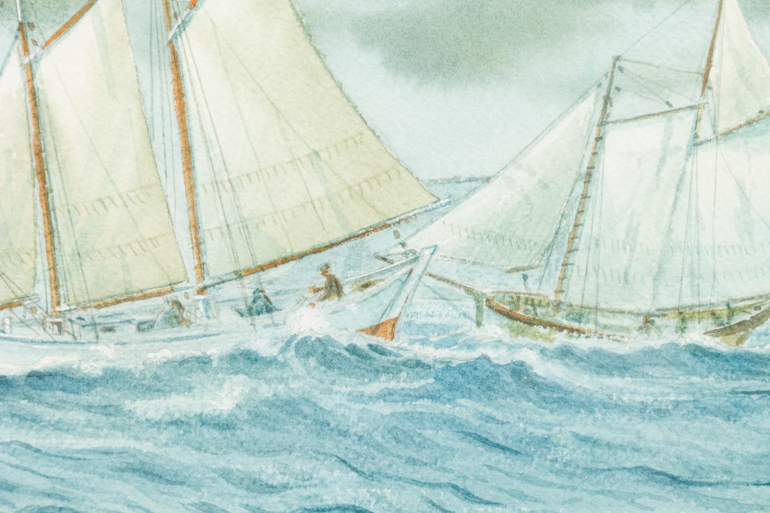 Earle G Barlow, peinture américaine de paysage marin représentant deux voiliers dans l'eau Bon état - En vente à Queens, NY