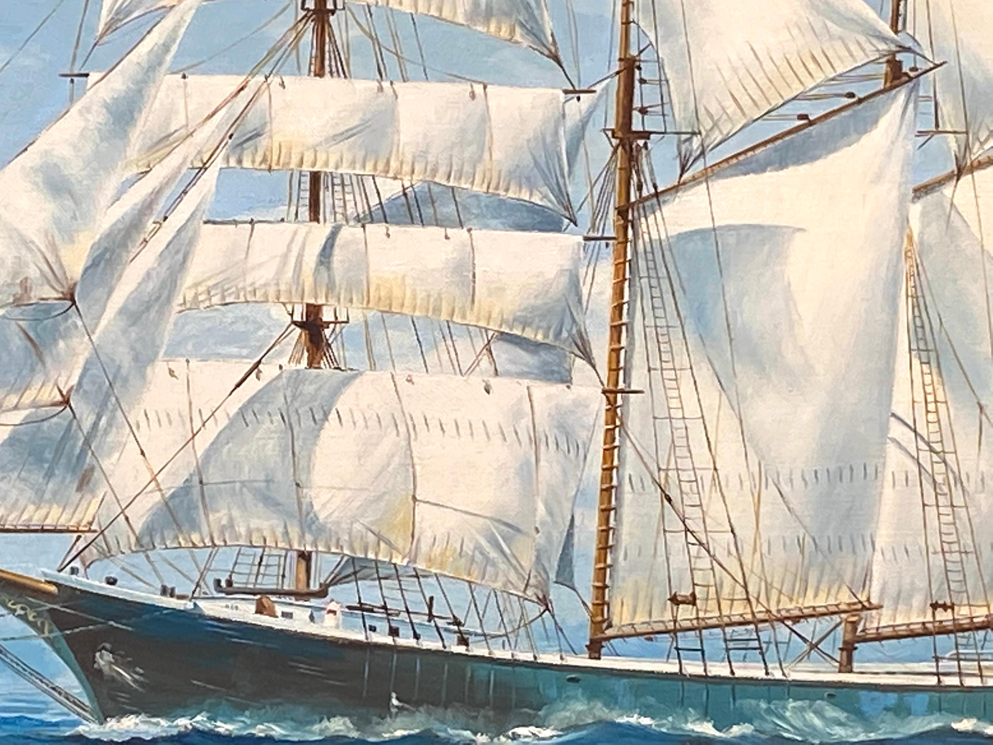 Large, wonderfully executed marine painting of a four mast American Clipper by the Maine artist Earle G. Barlow.  Signed lower right.  Dated 1964 lower left.  In excellent original condition; no restorations. The painting is housed a heavy gold