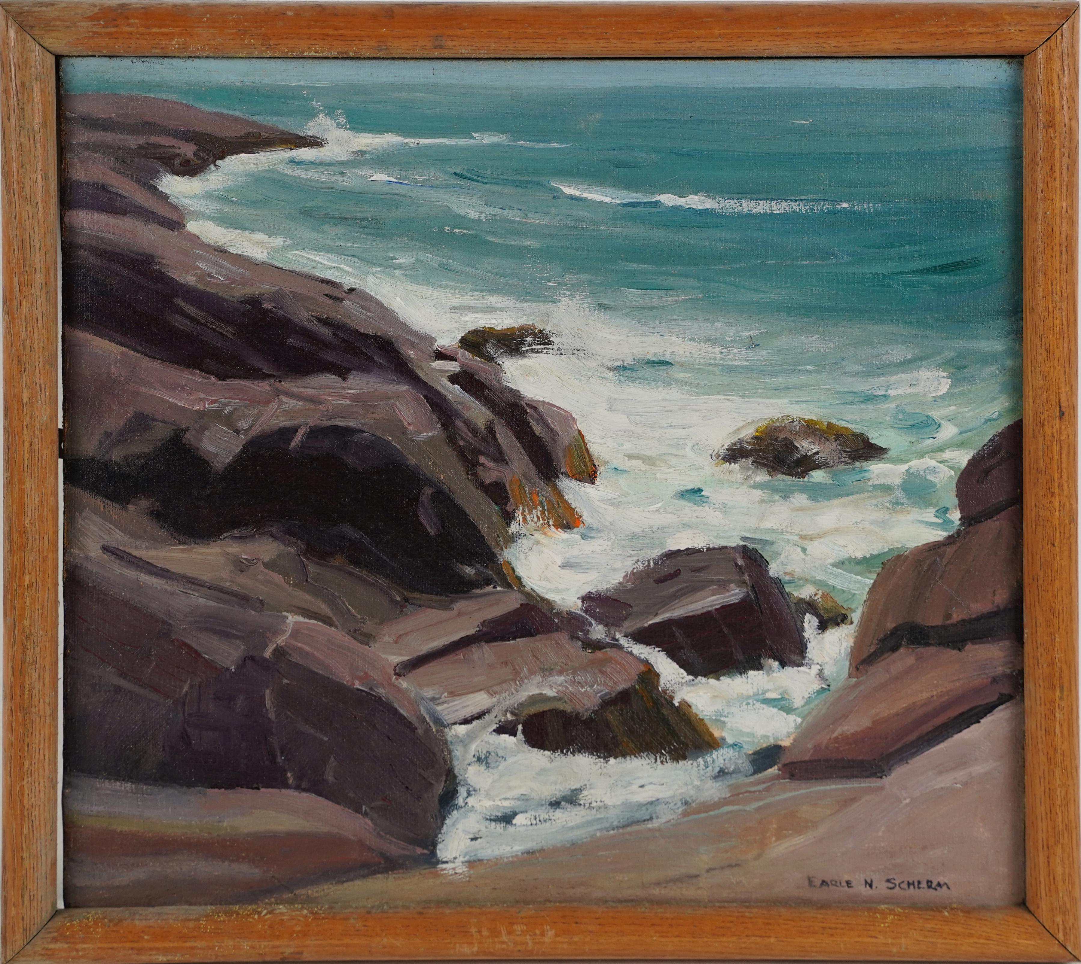 Earle N. Scherm Landscape Painting - Antique American Impressionist Signed Seascape Lake Erie Framed Oil Painting