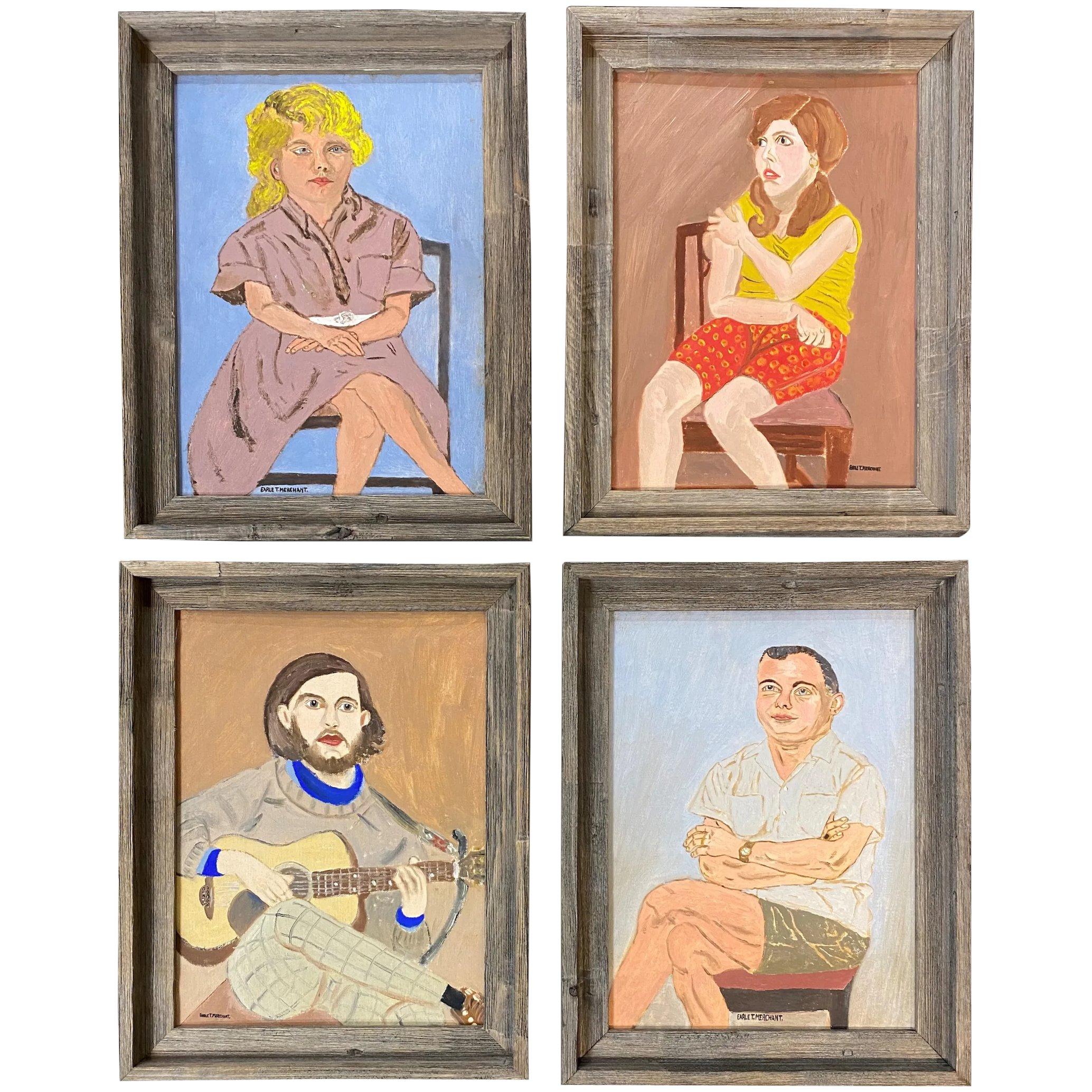 Set of Four Naive Folk Art Portraits