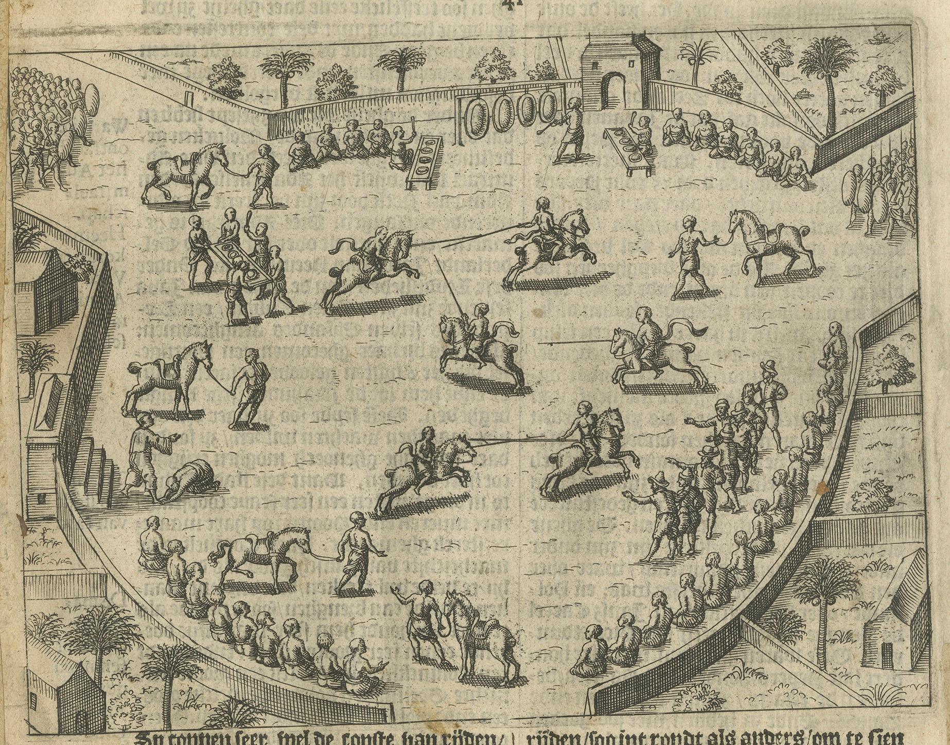 Titre : La plus ancienne représentation d'une fête balinaise et d'un gamelan, gravure hollandaise c.I.C.

Description :
Rare gravure hollandaise du début du XVIIe siècle représentant une fête royale et un tournoi équestre sur l'île de Bali. Il