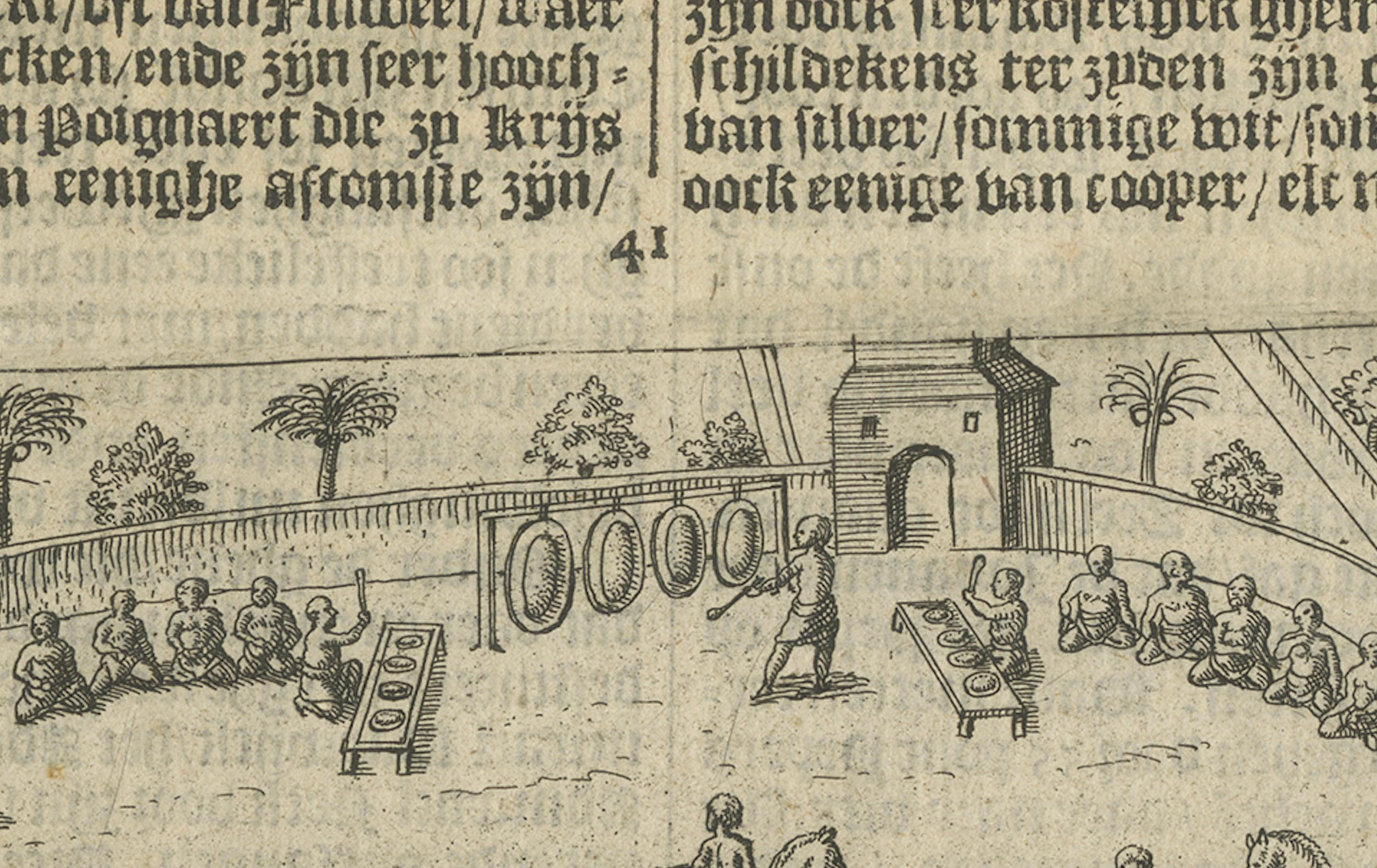 La plus ancienne représentation d'une fête balinaise et d'un gamelan, gravure hollandaise c.1601 État moyen - En vente à Langweer, NL