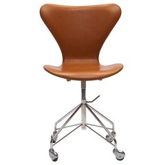 Earliest Series Cognac Leather Arne Jacobsen 3117 Desk Swivel Chair Fritz Hansen