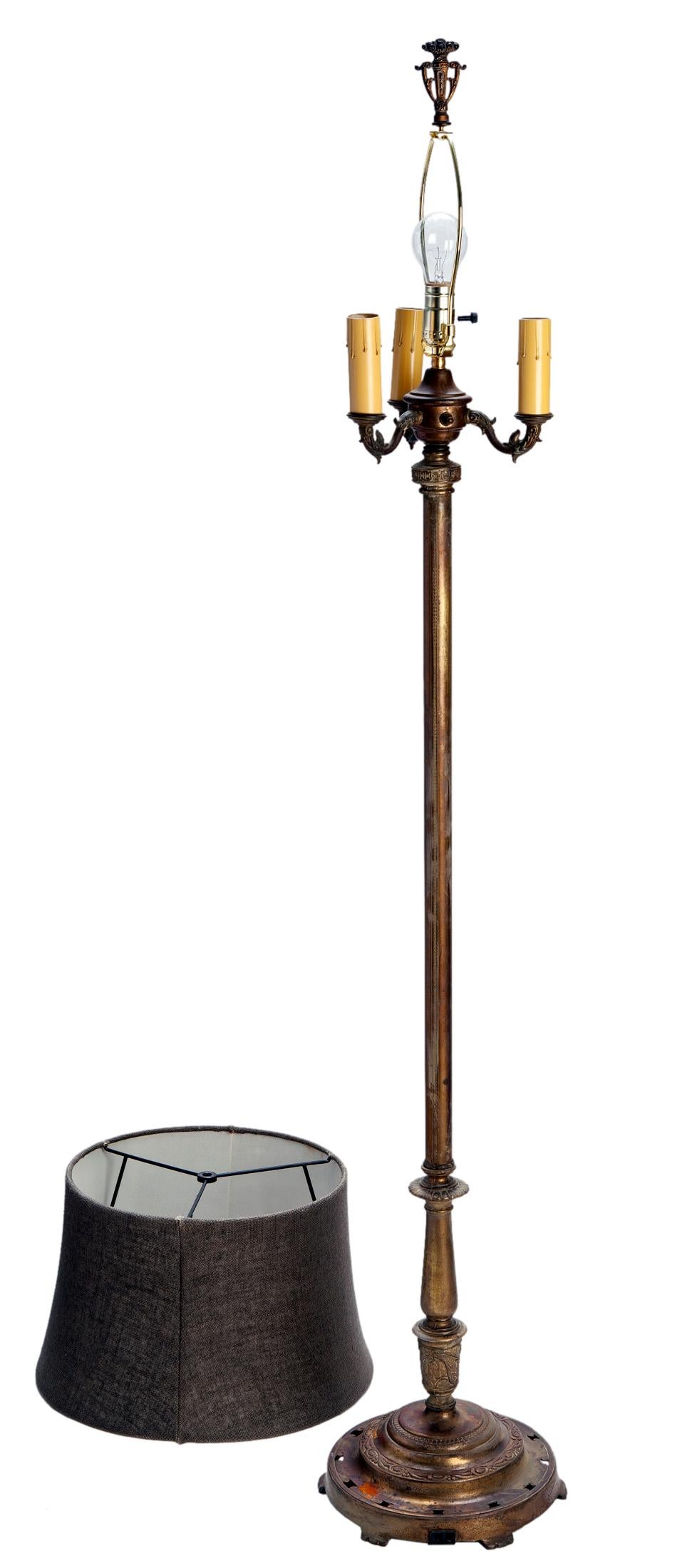 American Early 20th Century Floor Lamp/ Brass Finish & Chocolate Burlap Shade For Sale