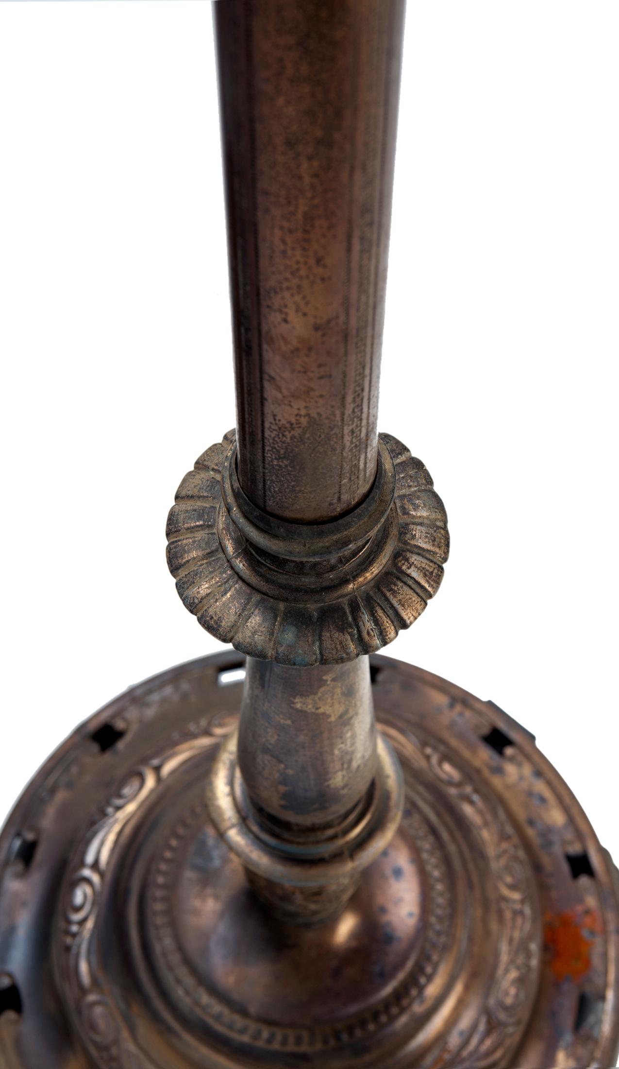 Early 20th Century Floor Lamp/ Brass Finish & Chocolate Burlap Shade For Sale 2