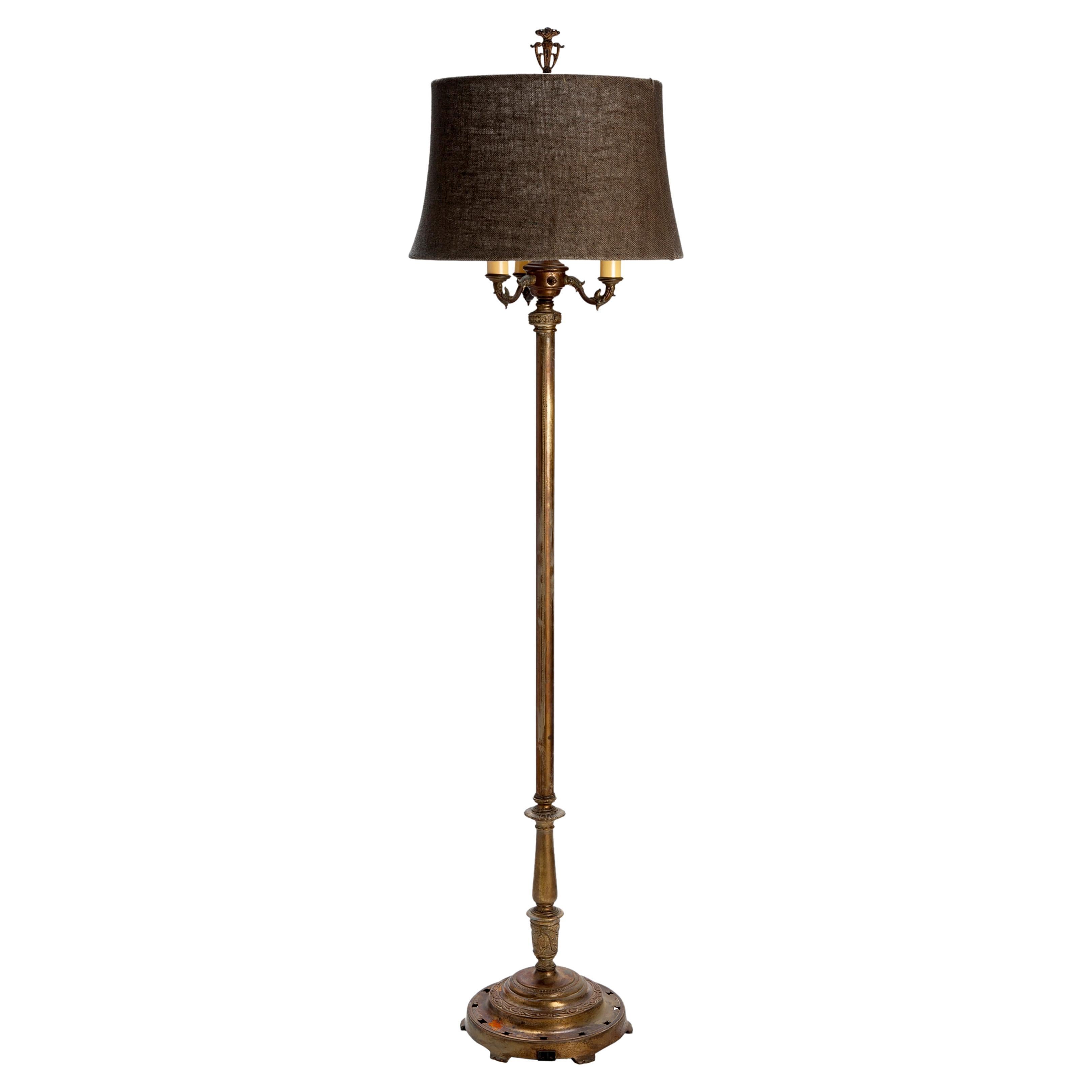 Early 20th Century Floor Lamp/ Brass Finish & Chocolate Burlap Shade