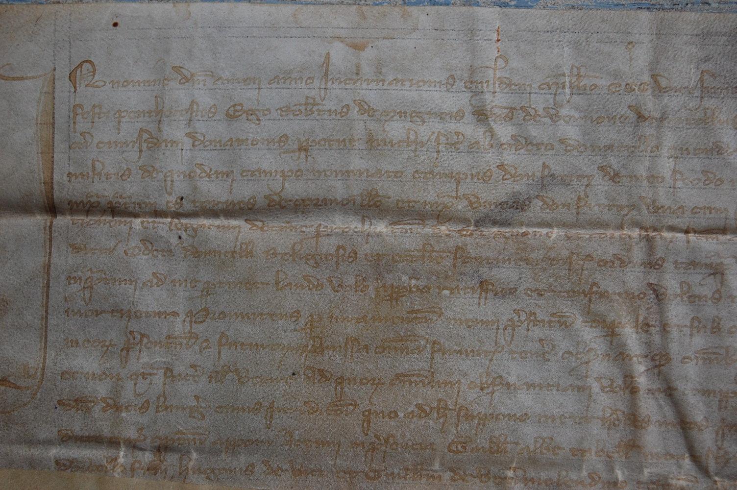 Early 14th Century French Velum Document Regarding Burgundian Feudal Lord Legacy In Distressed Condition In Pease pottage, West Sussex