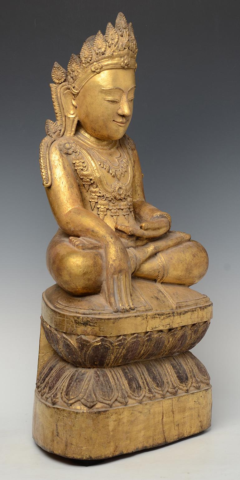 Early 15th Century, Early Ava, Antique Burmese Wooden Seated Crowned Buddha 7