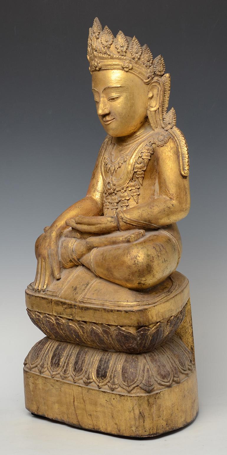 Early 15th Century, Early Ava, Antique Burmese Wooden Seated Crowned Buddha 2