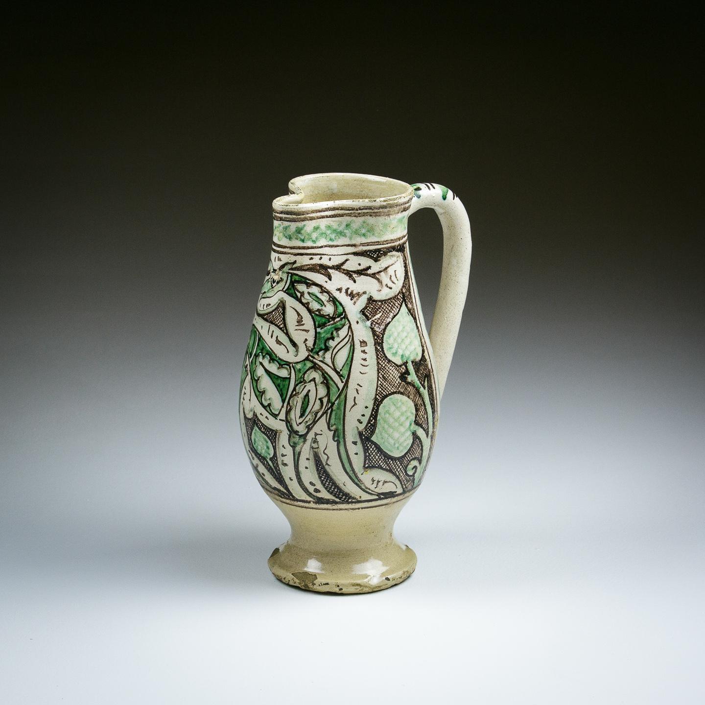 Tin Glazed Earthenware with vivid green and manganese brown decoration on buff clay with a clear lead glaze. Orvieto, Early 15th Century Circa 1420. Similar Example Found in The Louve Collection, Paris Inv, 7394