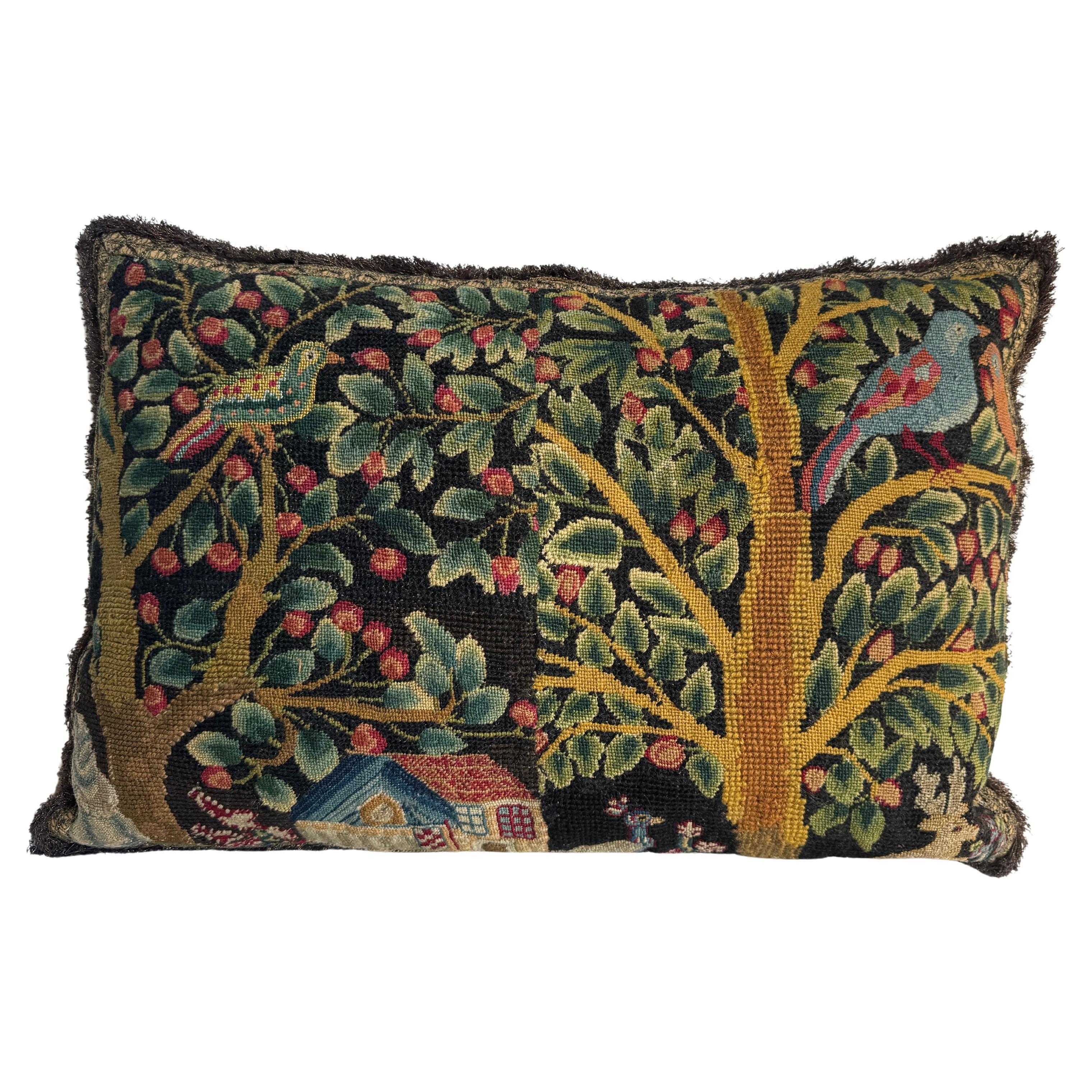 Early 1620s English Needlepoint Pillow With Birds and Fruit Trees For Sale