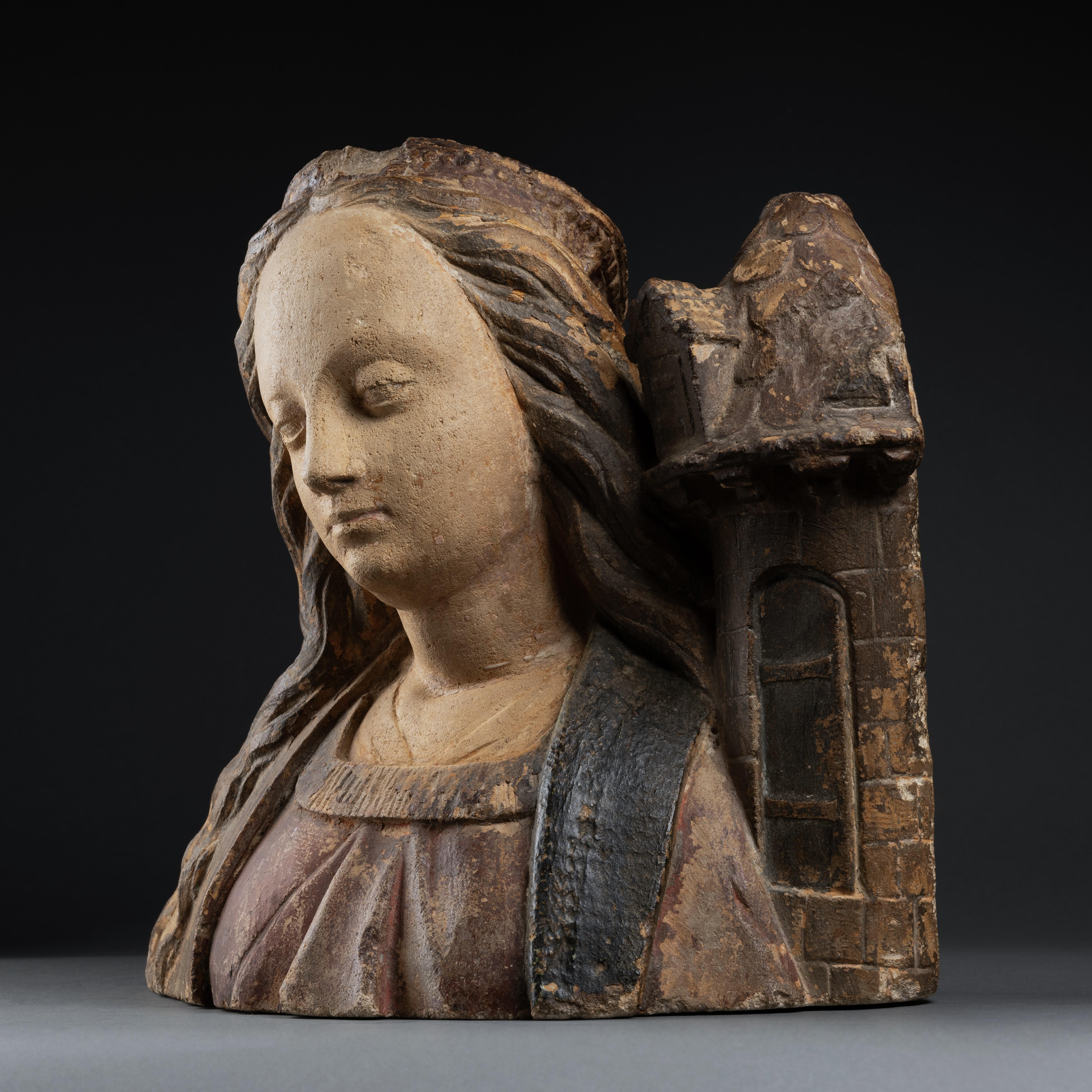 Gothic Early 16th century bust of Saint Barbara, School of Troyes, Champagne