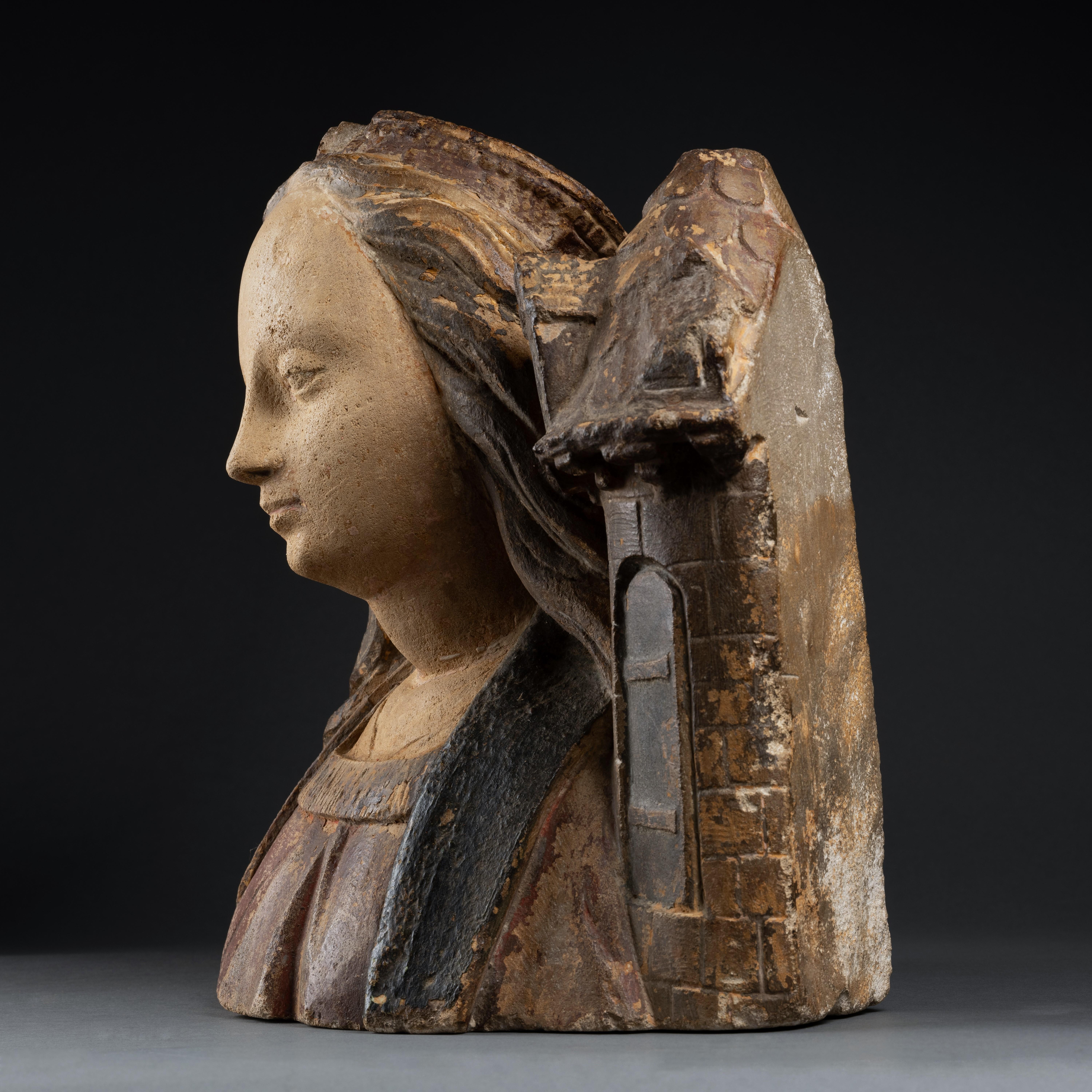 French Early 16th century bust of Saint Barbara, School of Troyes, Champagne