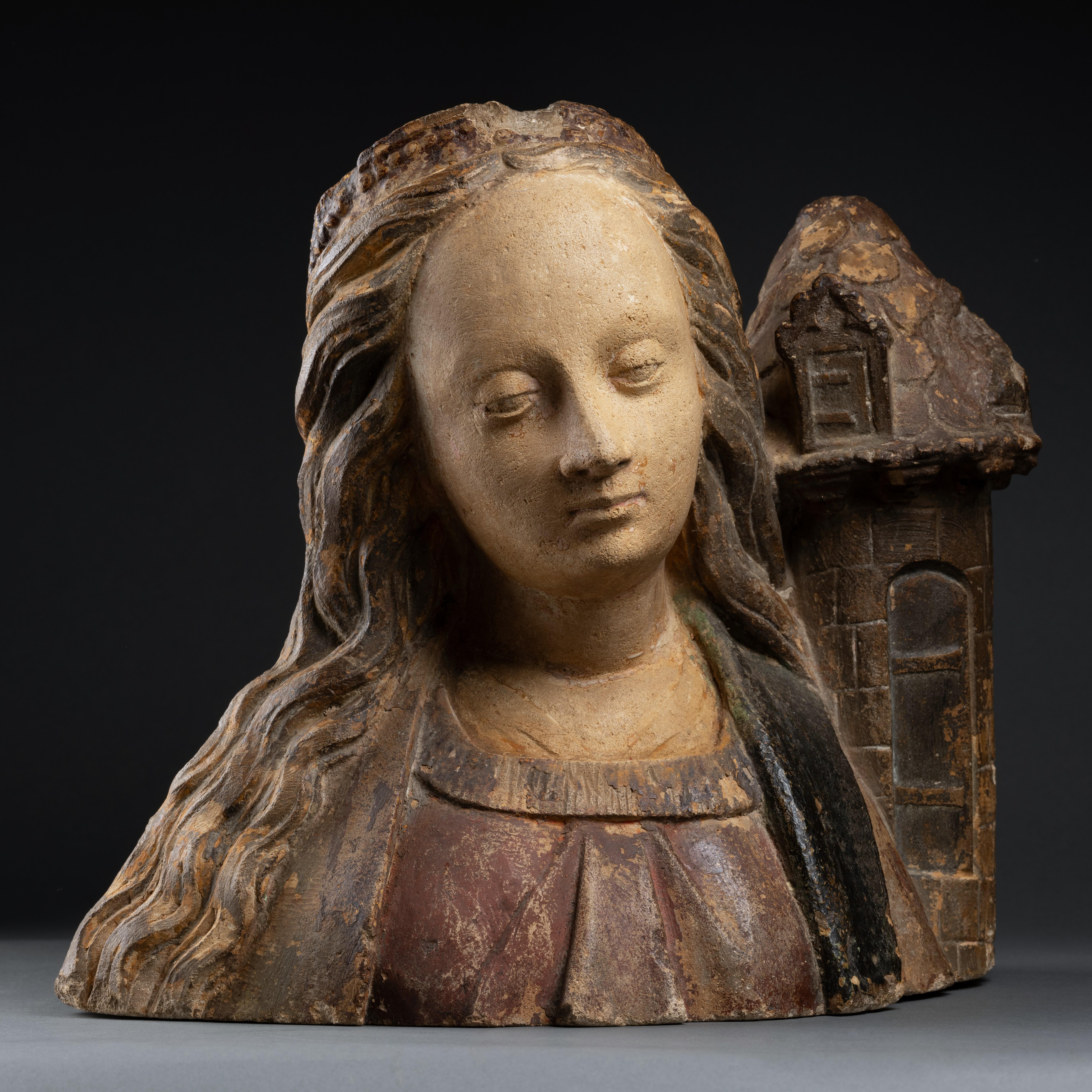 Hand-Carved Early 16th century bust of Saint Barbara, School of Troyes, Champagne