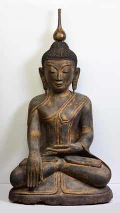 Early 16th Century, Early Shan, Antique Large Burmese Wooden Seated Buddha