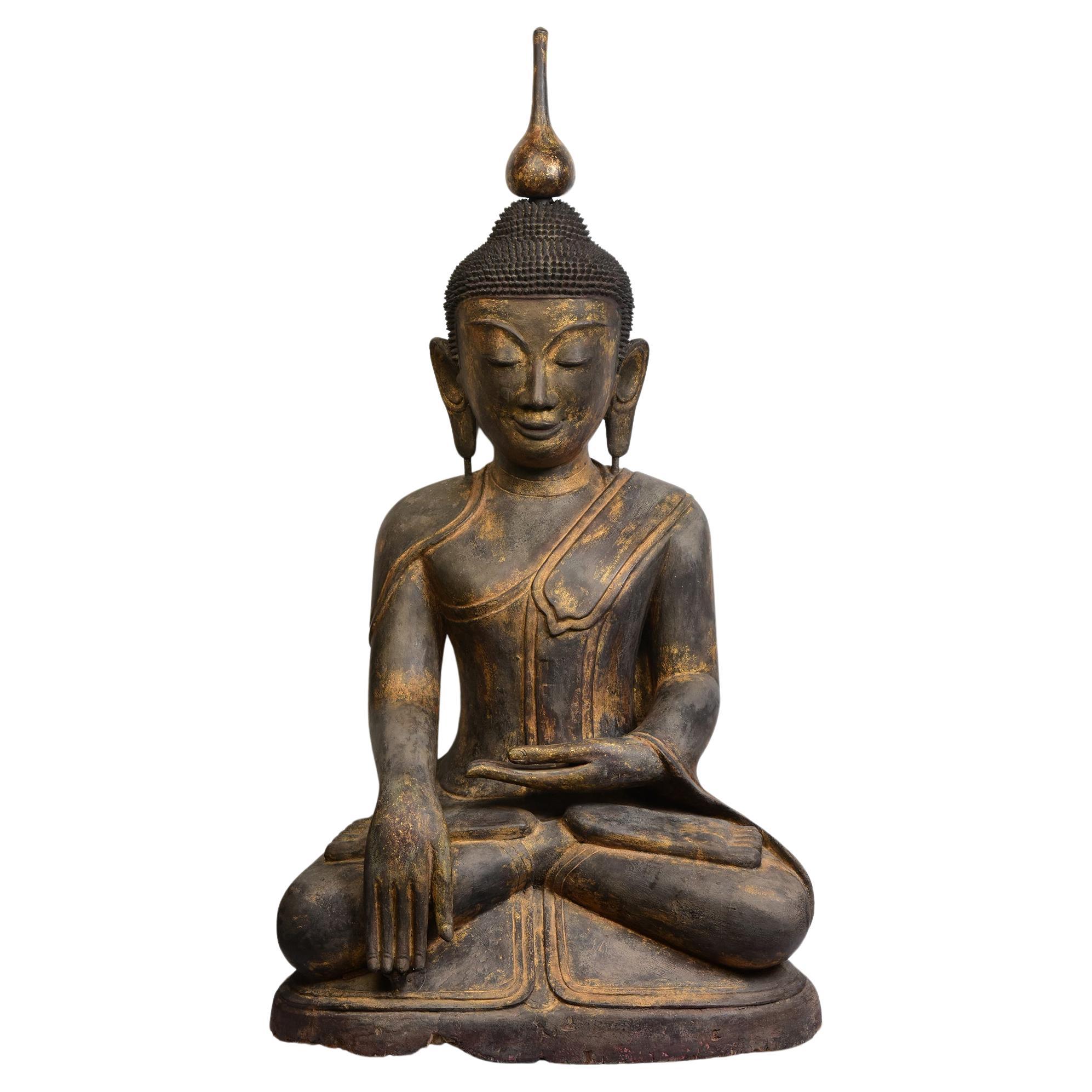 Early 16th Century, Early Shan, Antique Large Burmese Wooden Seated Buddha For Sale