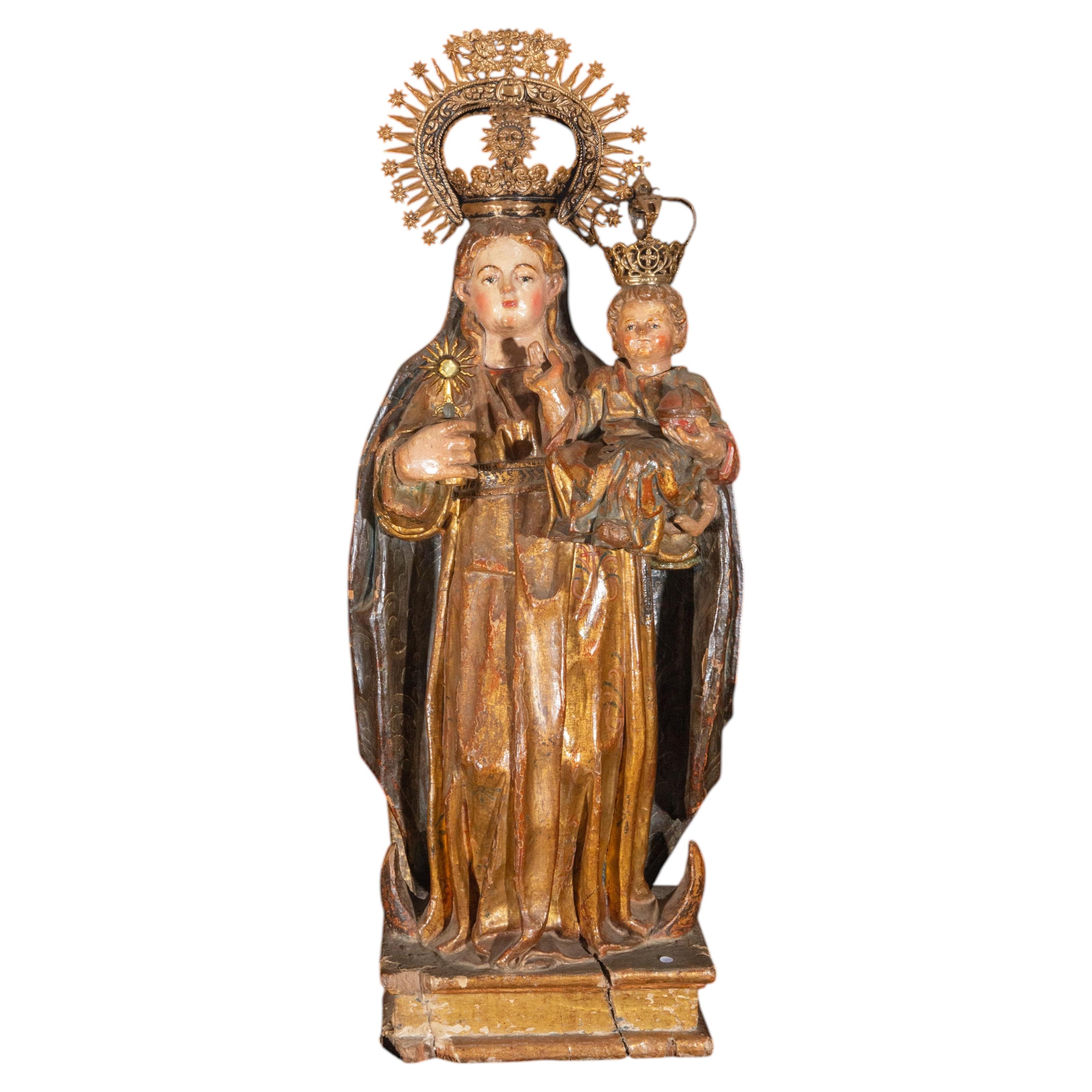 Sculpture espagnole polychrome représentant la Vierge à l'Enfant, datant du début du XVIe siècle