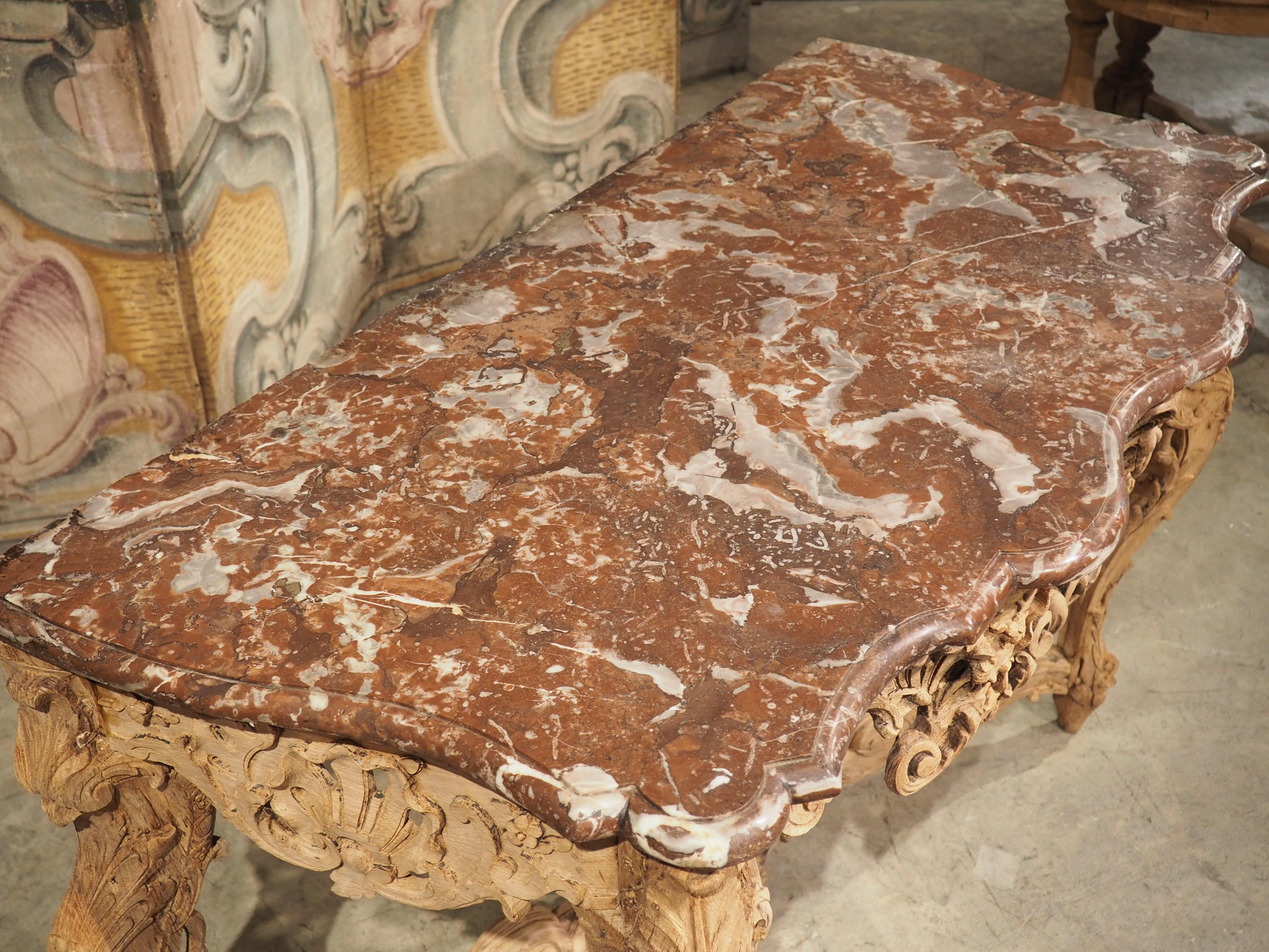 Early 1700s, Parisian Console Table in Carved Oak and Flanders Rouge Marble 4