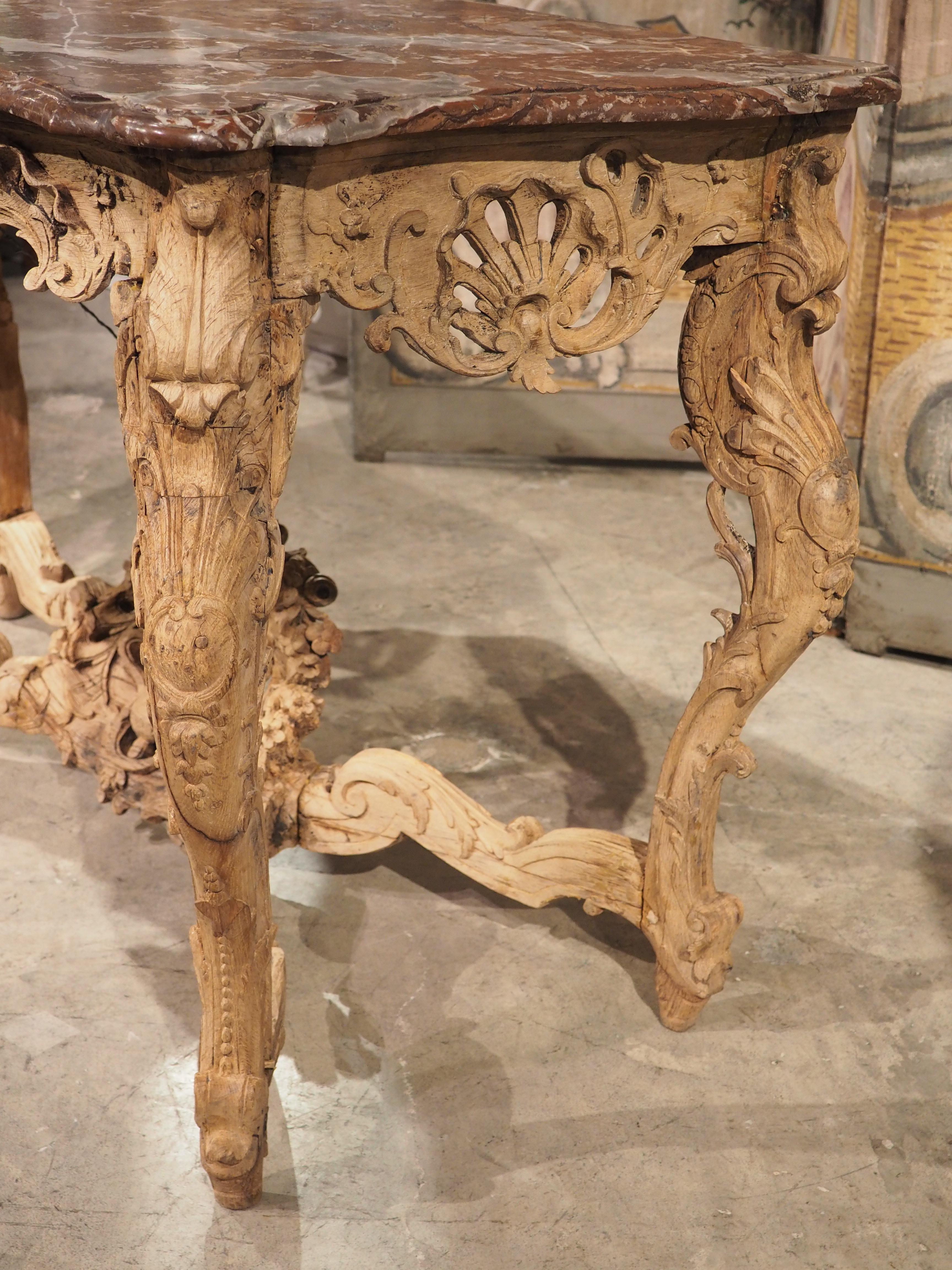 Early 1700s, Parisian Console Table in Carved Oak and Flanders Rouge Marble 9