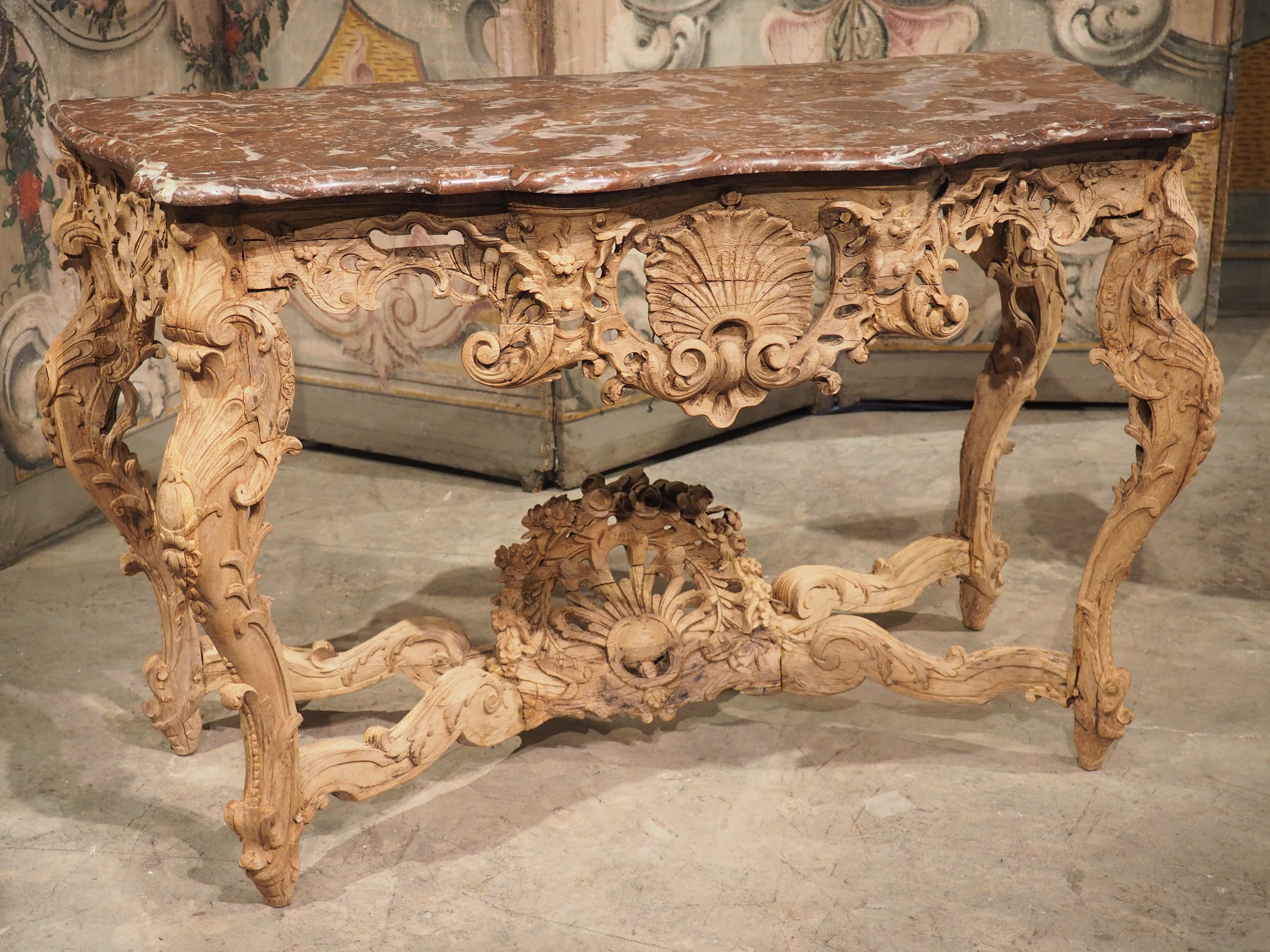 Early 1700s, Parisian Console Table in Carved Oak and Flanders Rouge Marble 13