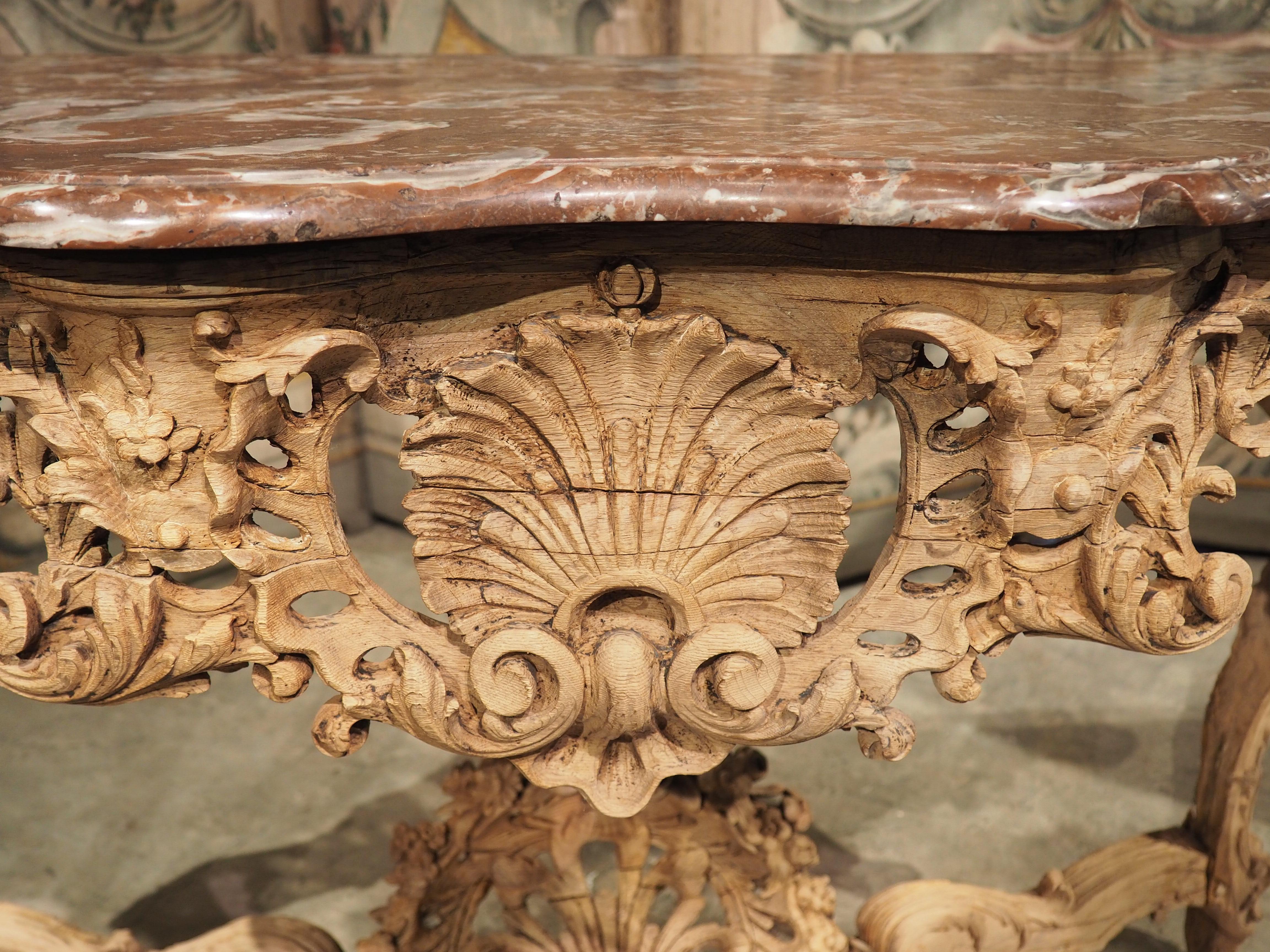 Louis XV Early 1700s, Parisian Console Table in Carved Oak and Flanders Rouge Marble