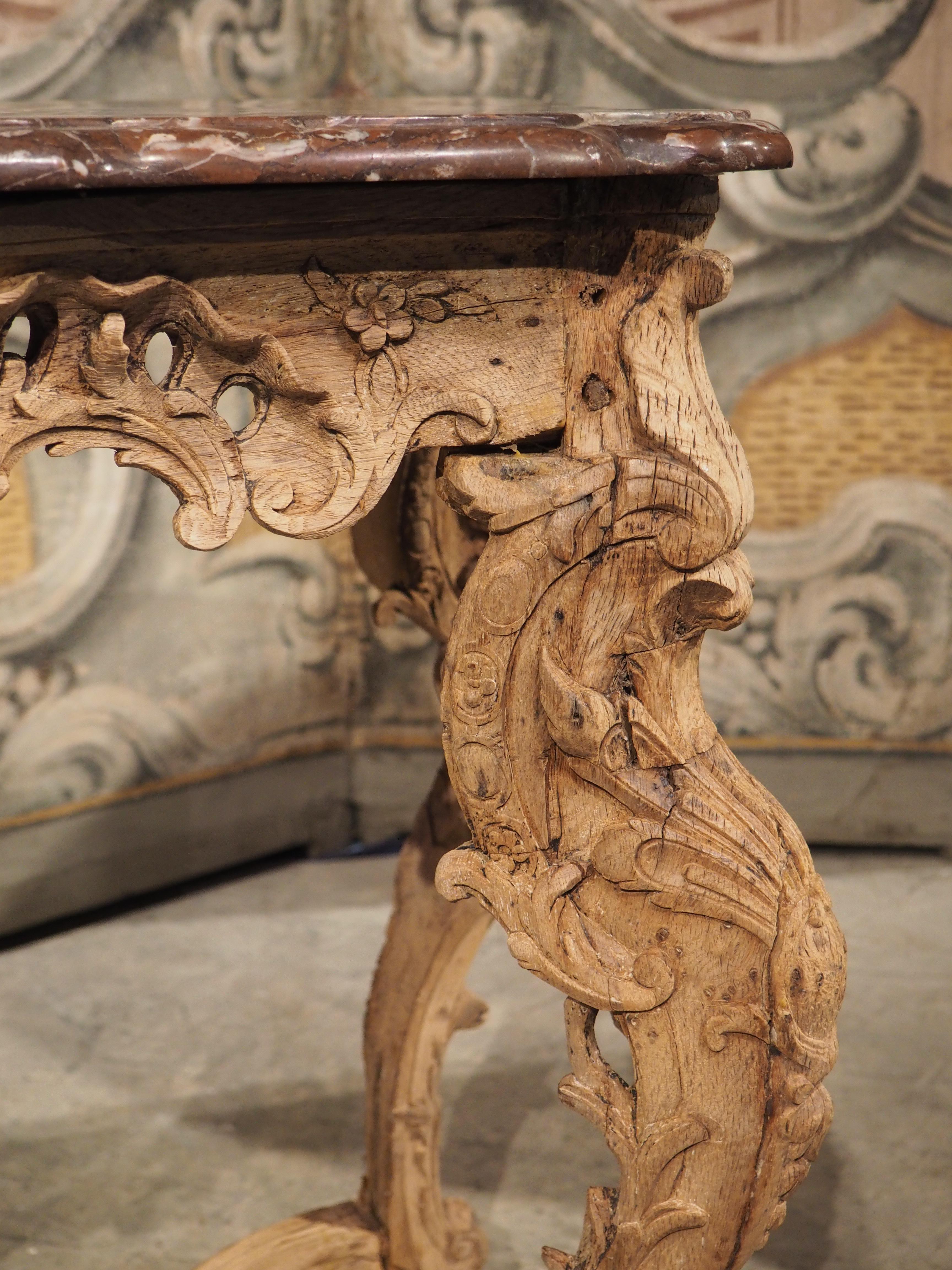 French Early 1700s, Parisian Console Table in Carved Oak and Flanders Rouge Marble