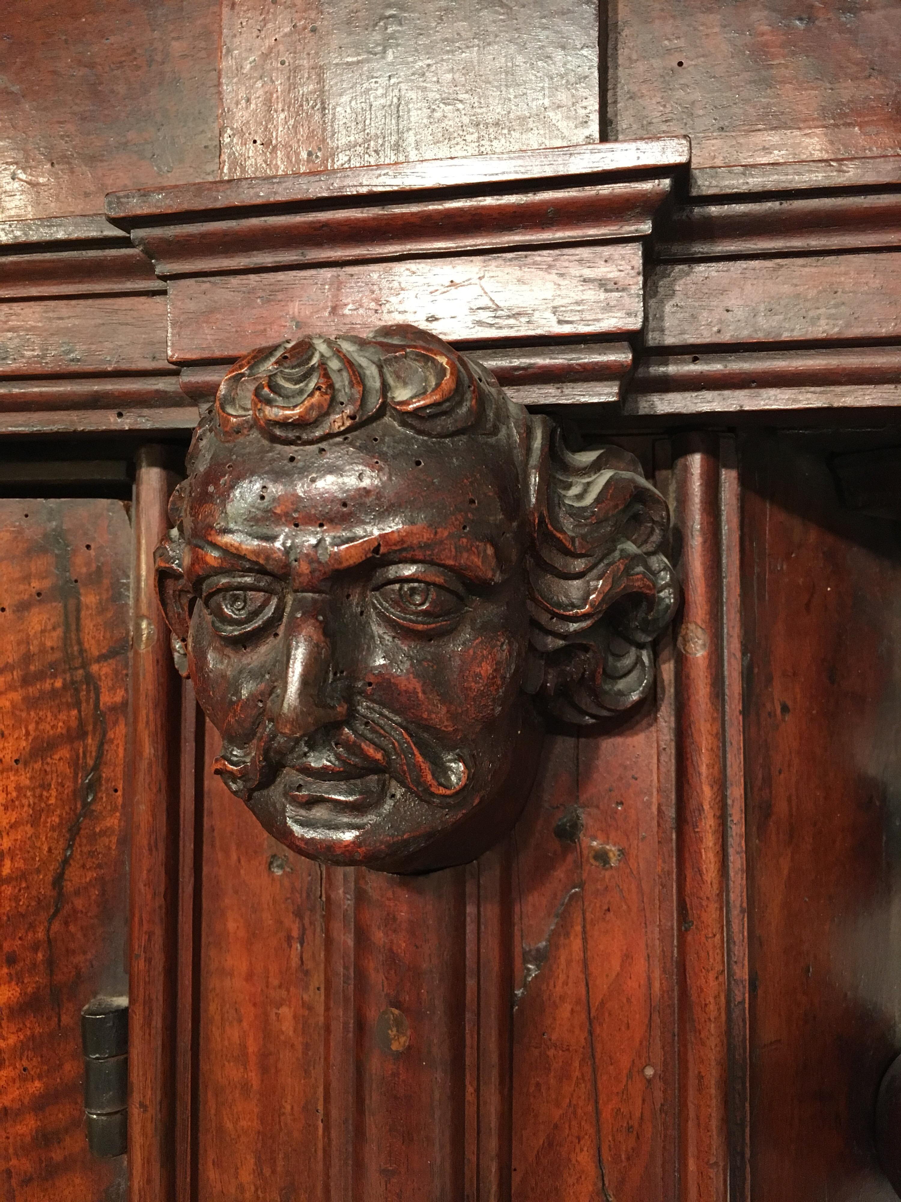 Veneer Early 17th Century Cabinet, Armoire, East of France, Heads and Floral Decor