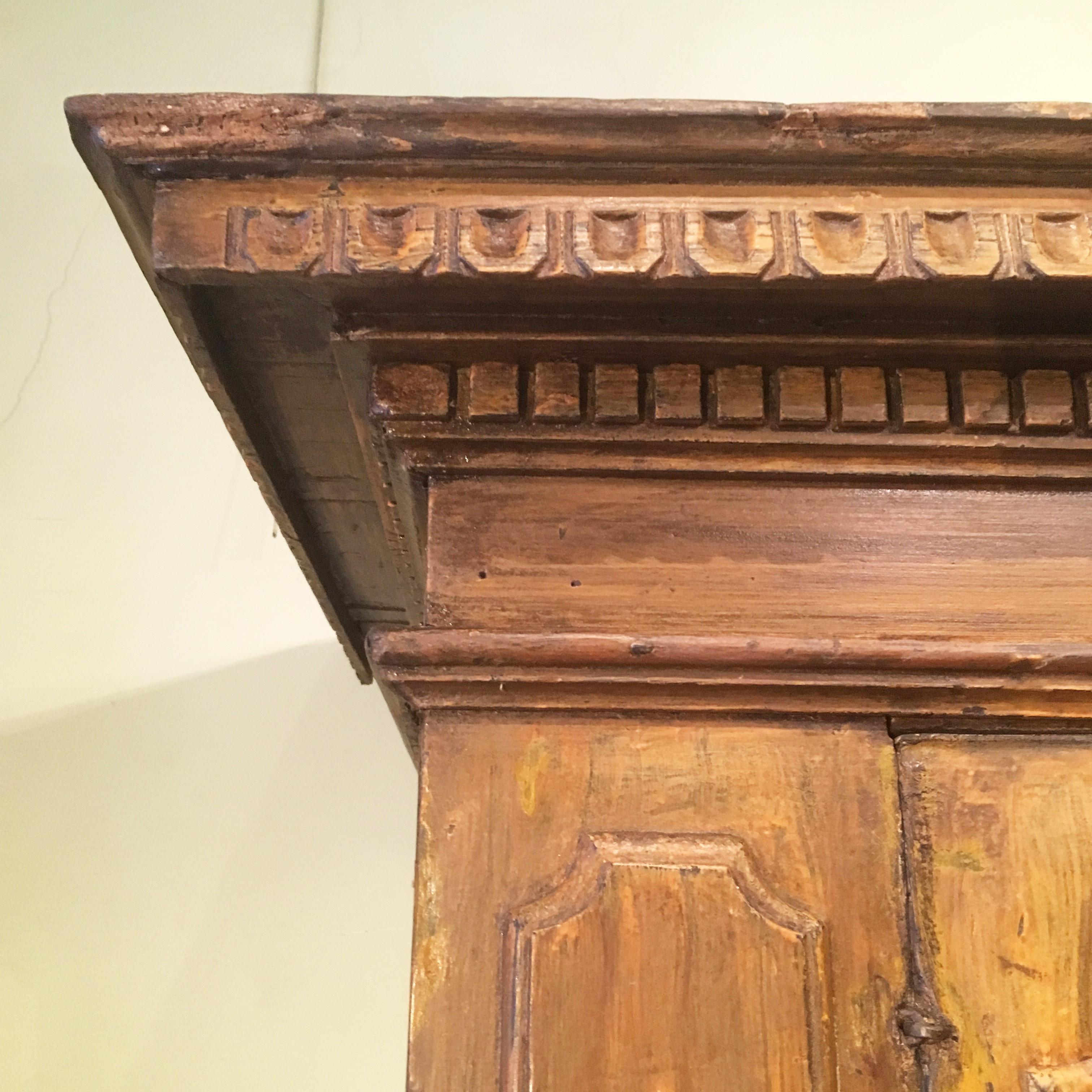 Hand-Carved Early 17th Century Central Italian Painted Oak Wood Double Body Cabinet  For Sale