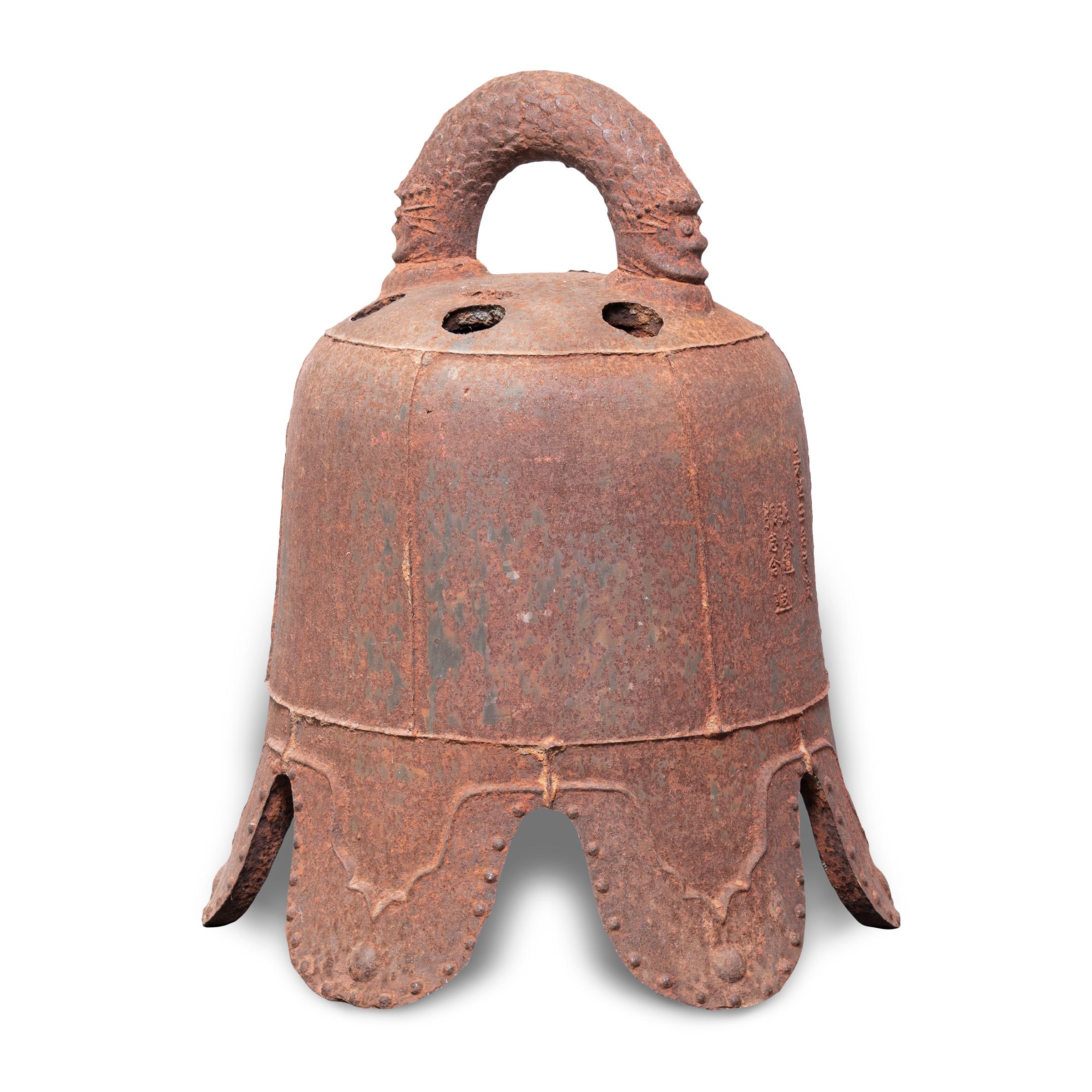 Cast Chinese Ming Iron Bell with Dragon Handle, c. 1600 For Sale