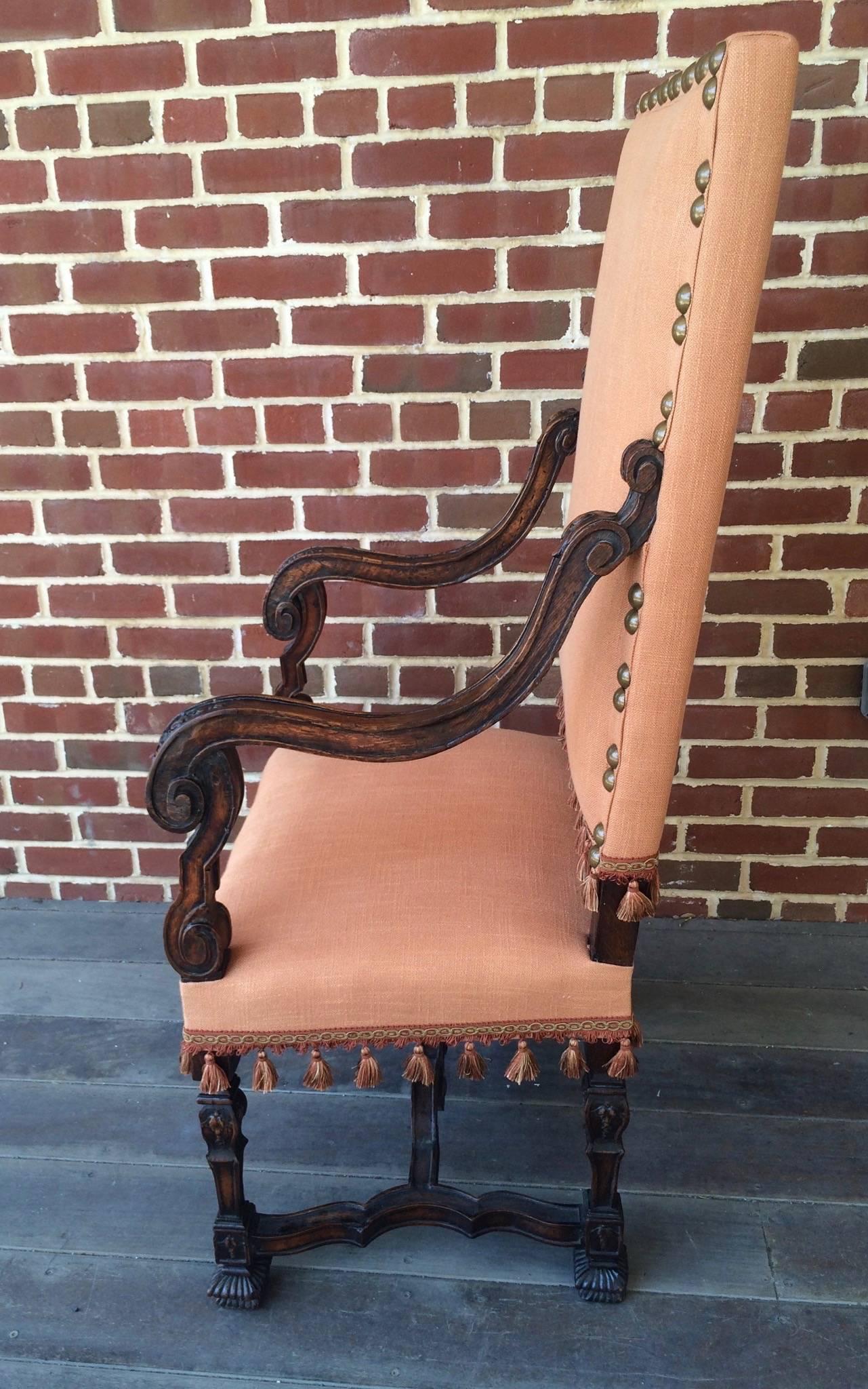 French Provincial Early 17th Century Walnut Armchair Upholstered in Peach Fabric and Tassels For Sale