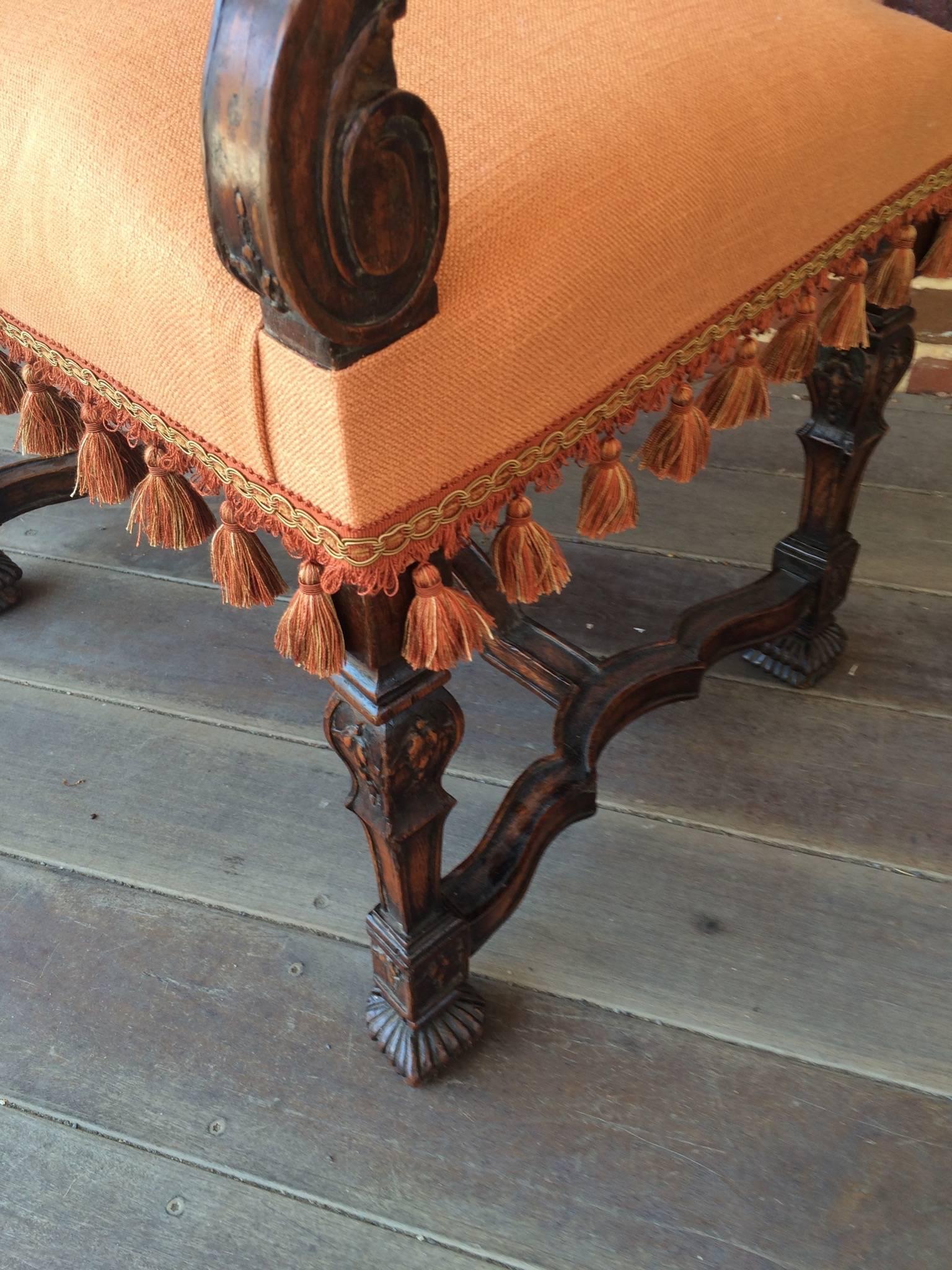 Early 17th Century Walnut Armchair Upholstered in Peach Fabric and Tassels In Good Condition For Sale In Middleburg, VA