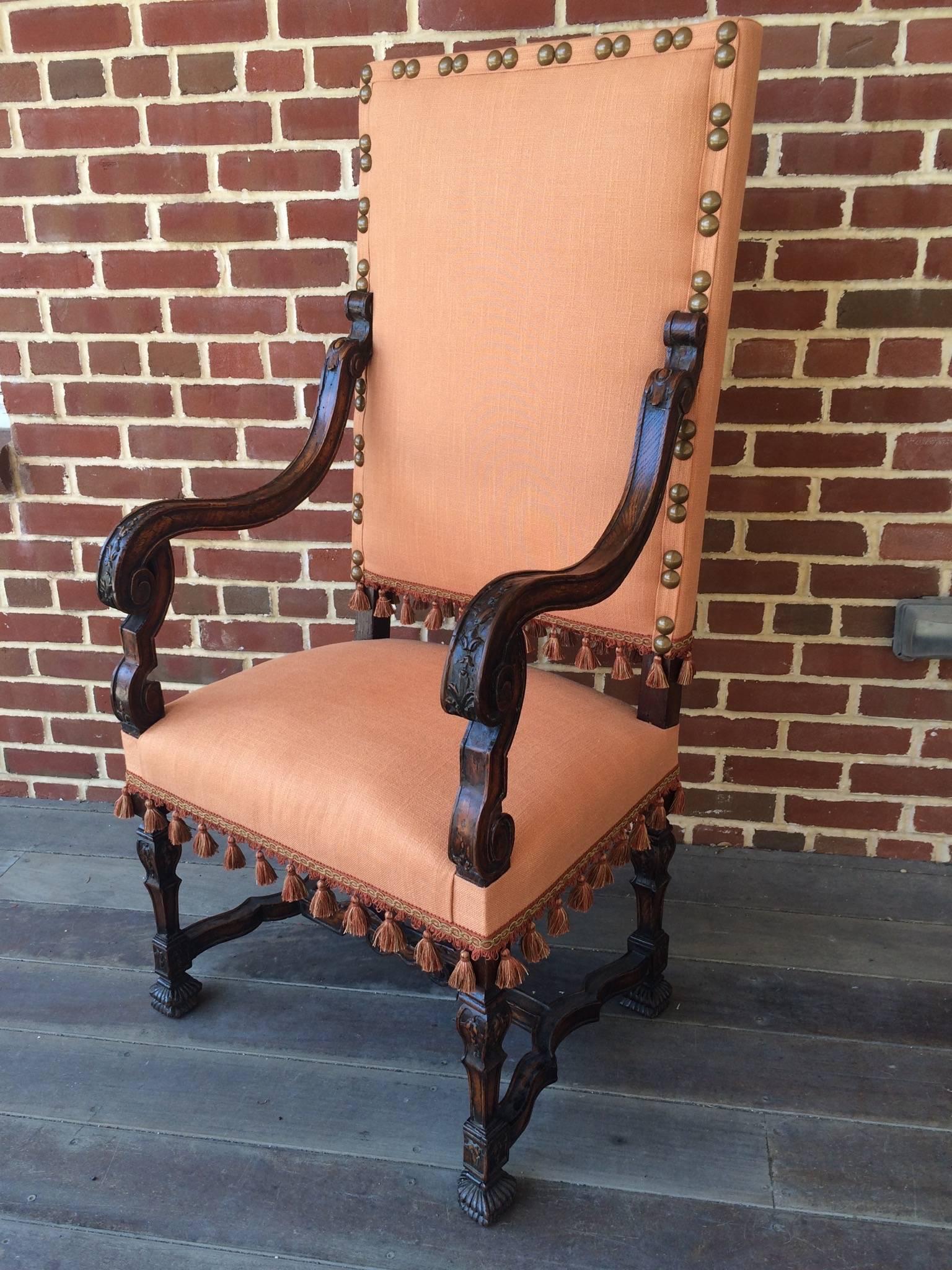 French Early 17th Century Walnut Armchair Upholstered in Peach Fabric and Tassels For Sale