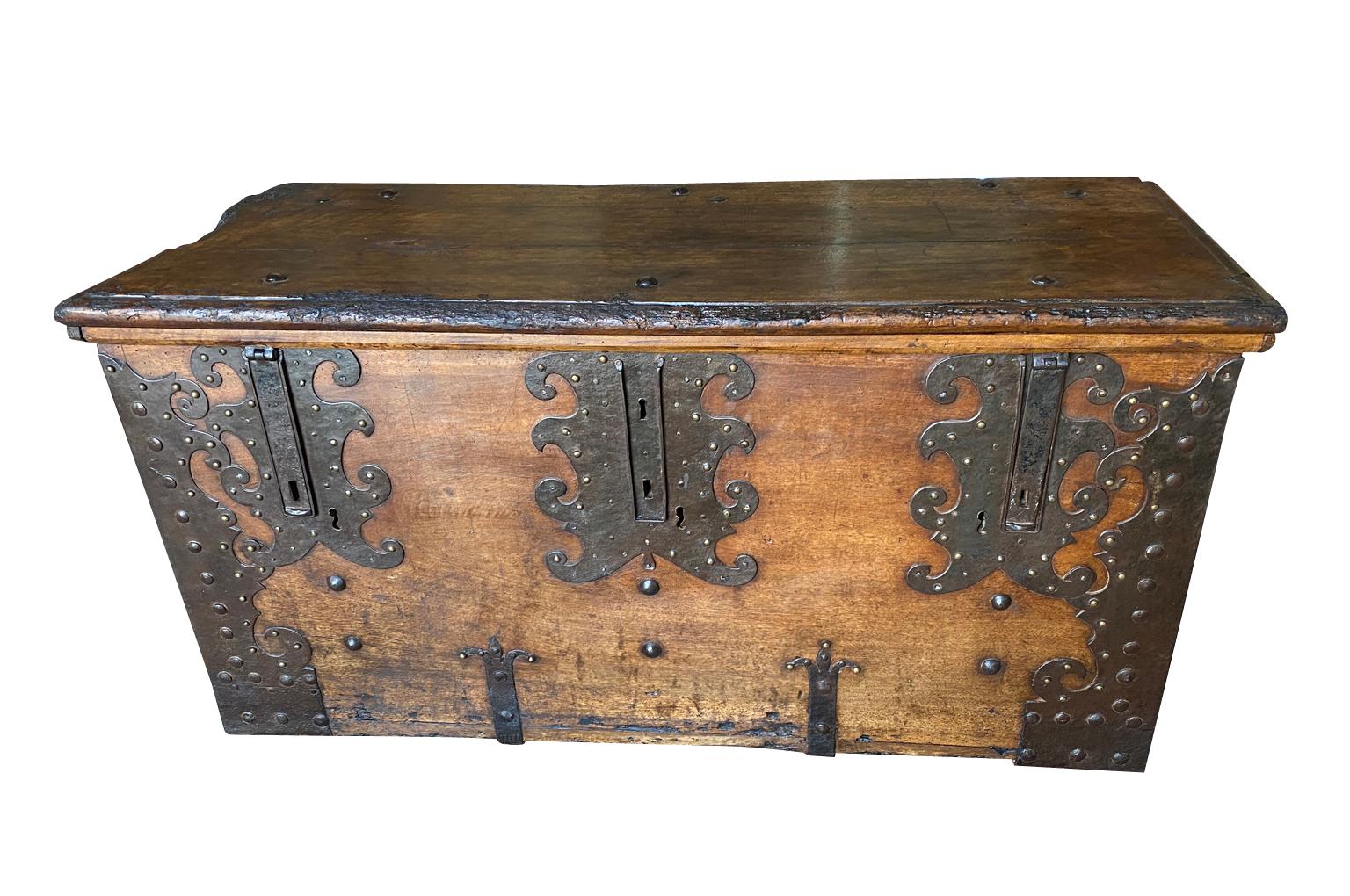 A very handsome early 17th century Trunk - Coffre Fort from the Lombardy region of Italy.  Beautifully constructed from walnut with wonderful iron hardware.  Exceptional patina.