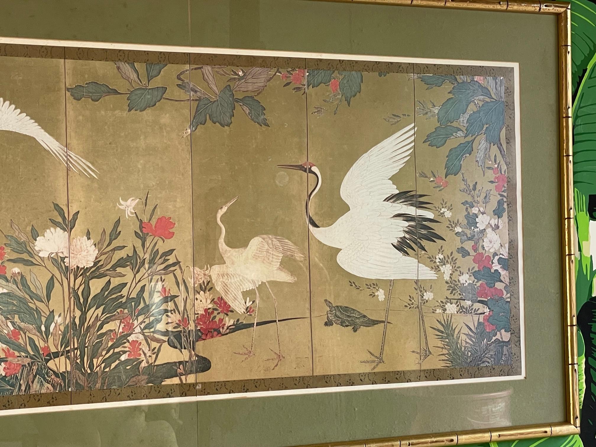 Early 17th Century Japanese Art Print Framed in Gilded Faux Bamboo In Good Condition For Sale In Jacksonville, FL