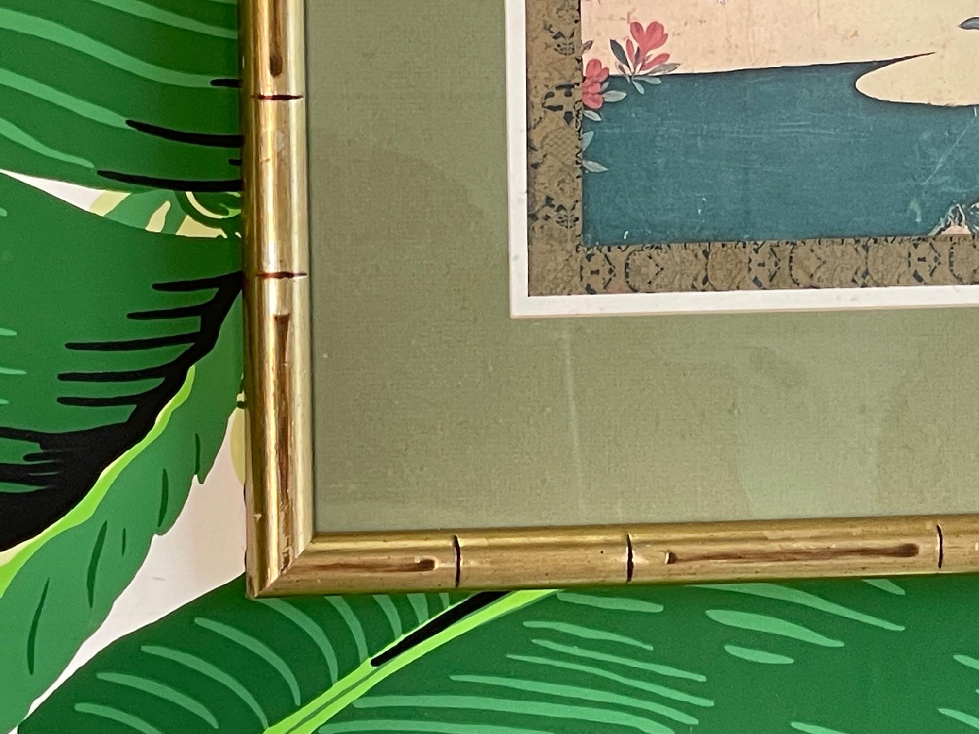 Imitation bambou Estampe japonaise du début du XVIIe siècle encadrée en faux bambou doré en vente