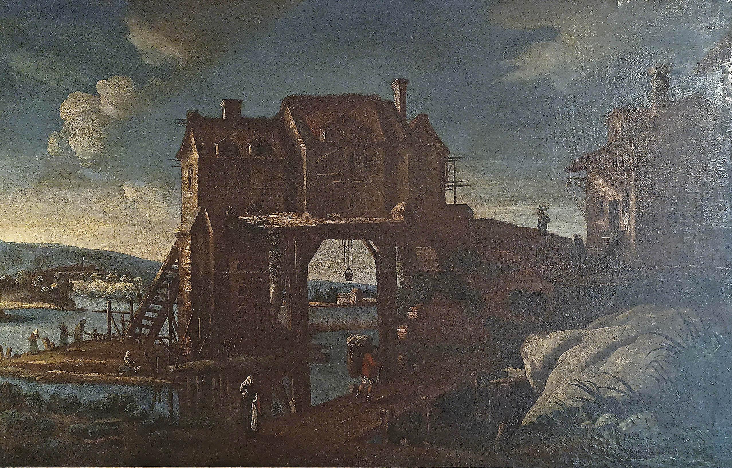 Large oil painting on canvas, presented in a contemporary carved wooden frame gilded with pure gold leaf. The painting depicts a city along the river, with a mill in the center, and various figures busy transporting objects, washing clothes, and