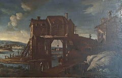EARLY 17th CENTURY LARGE PAINTING WITH LANDSCAPE AND FIGURES